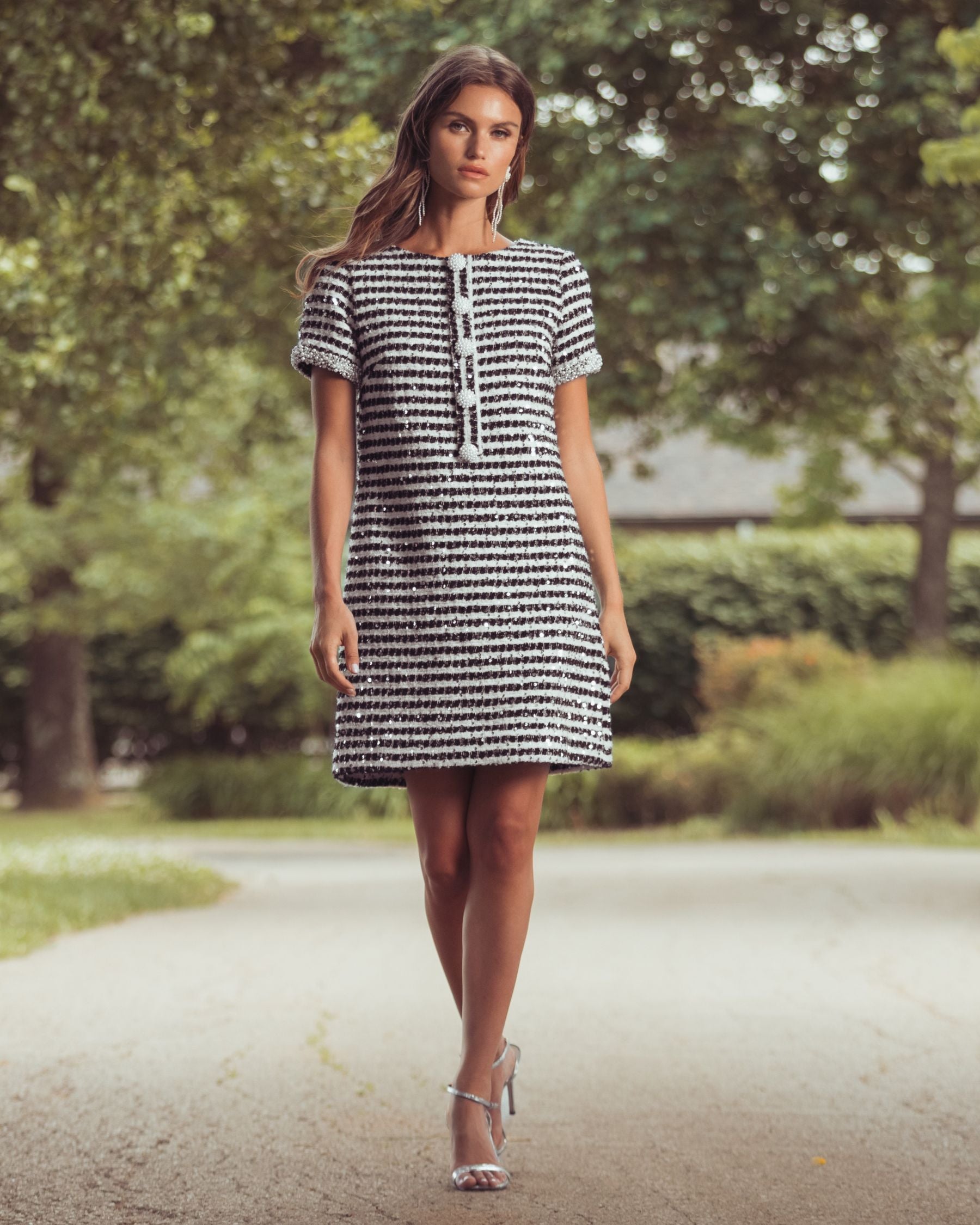 Black and White Striped Button Up  Boucle Mini Dress - Mac Duggal