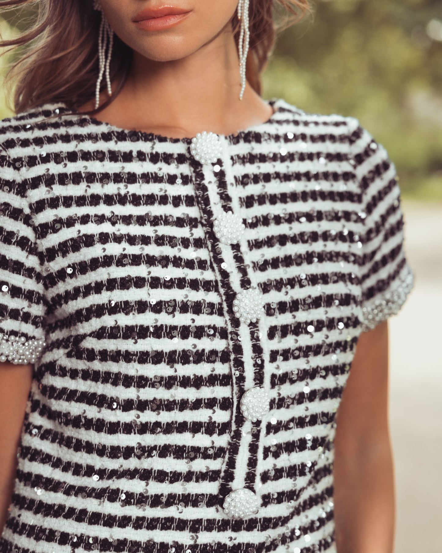 Black and White Striped Button Up  Boucle Mini Dress - Mac Duggal