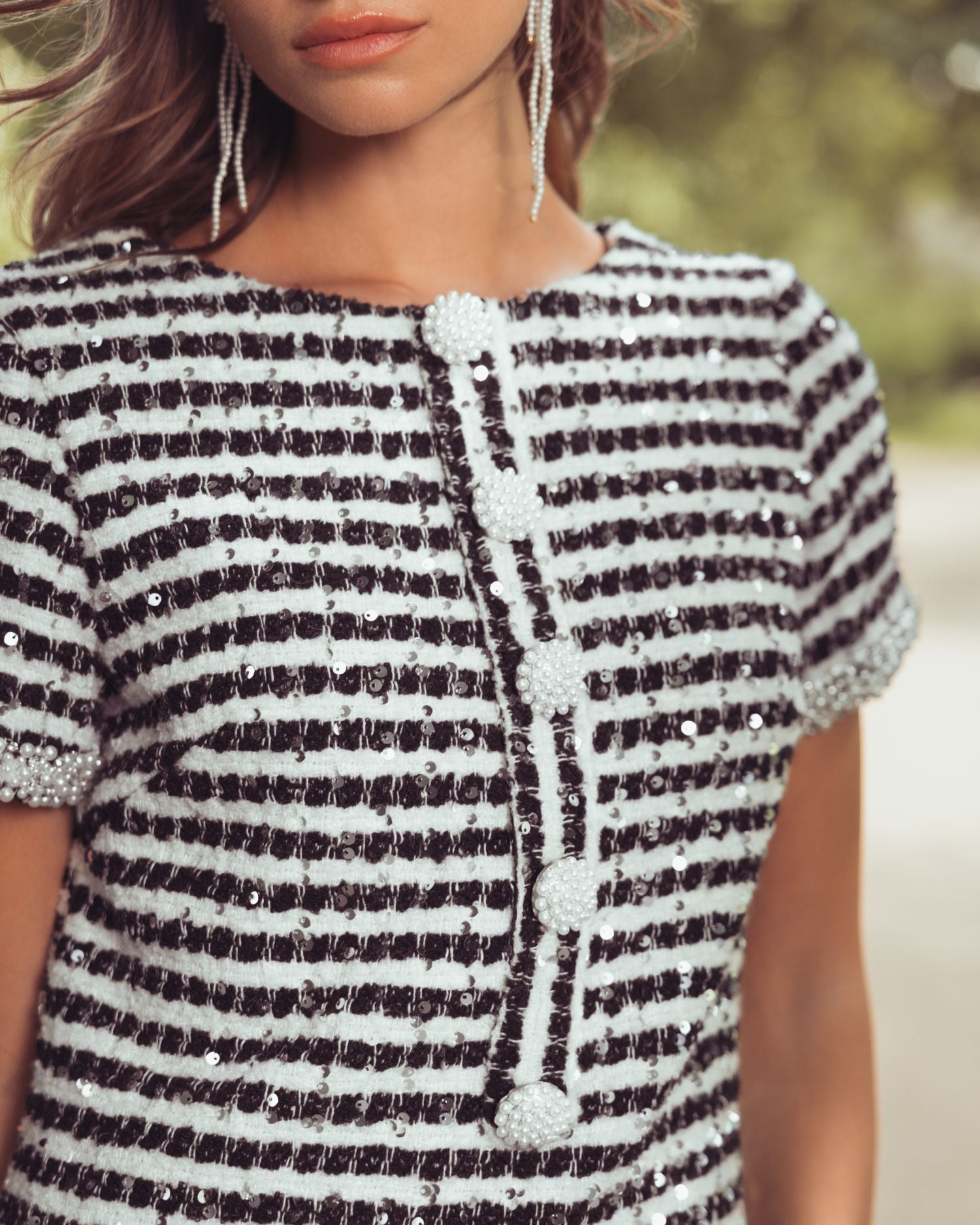 Black and White Striped Button Up  Boucle Mini Dress - Mac Duggal