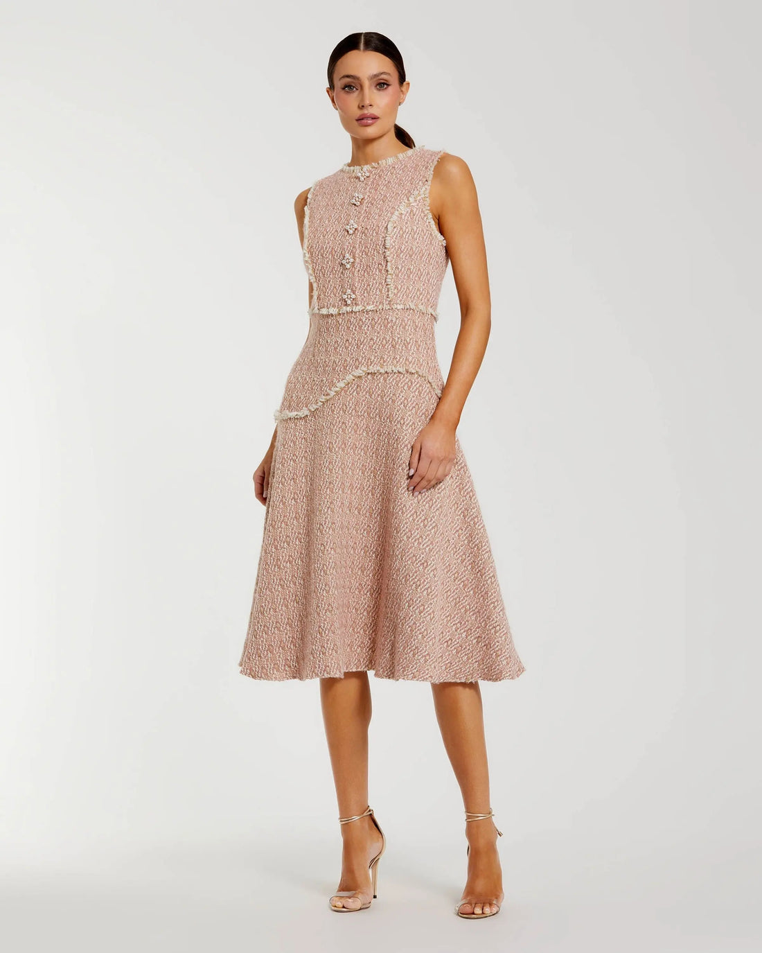 Mac Duggal Boucle Sleeveless Button Up Midi Dress, Womens, 8, Blush Gold Mac Duggal Boucle Sleeveless Button Up Midi Dress, Womens, 8, Blush Gold