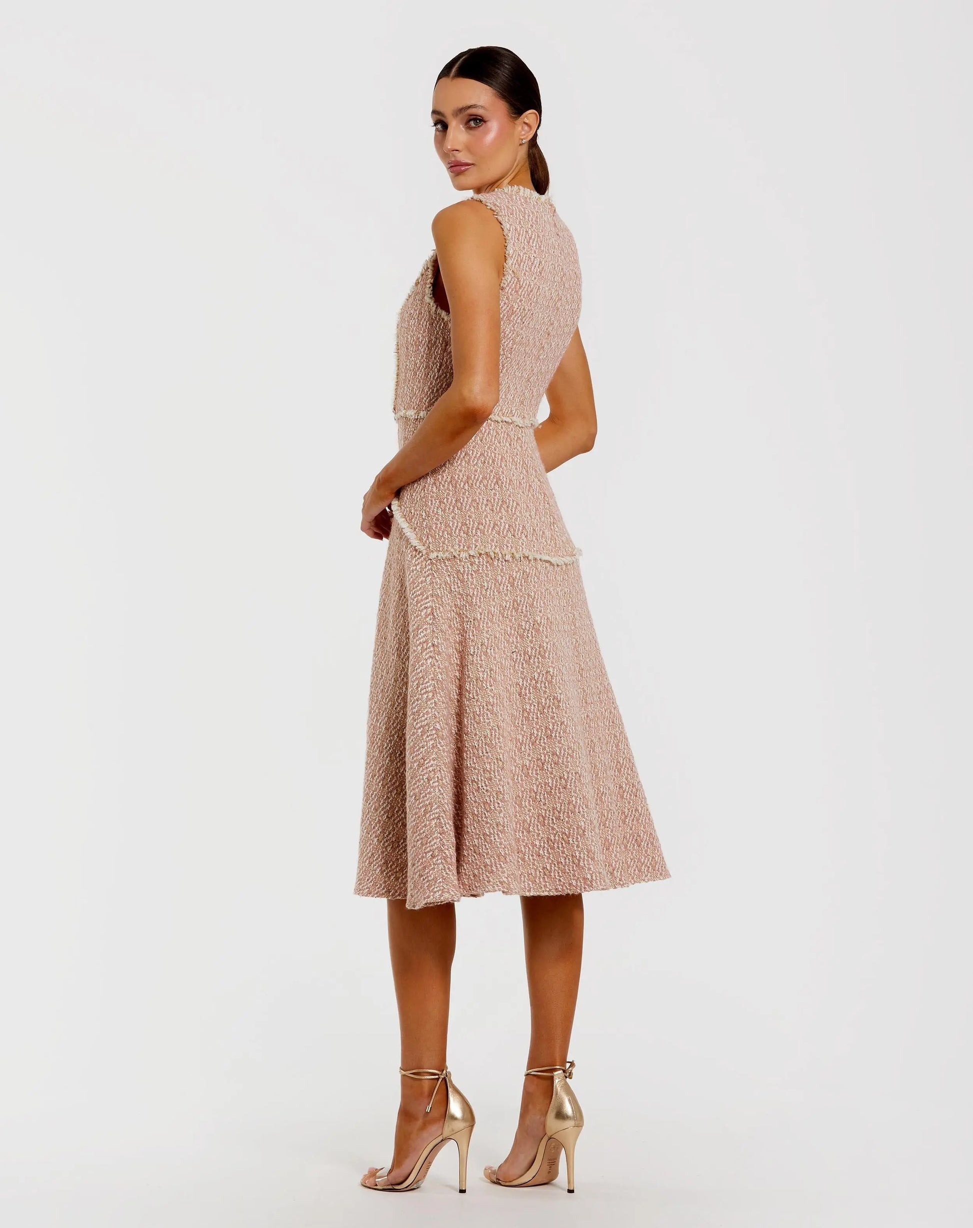 Light Pink Boucle Sleeveless Button Up Midi Dress | Mac Duggal Light Pink Boucle Sleeveless Button Up Midi Dress | Mac Duggal