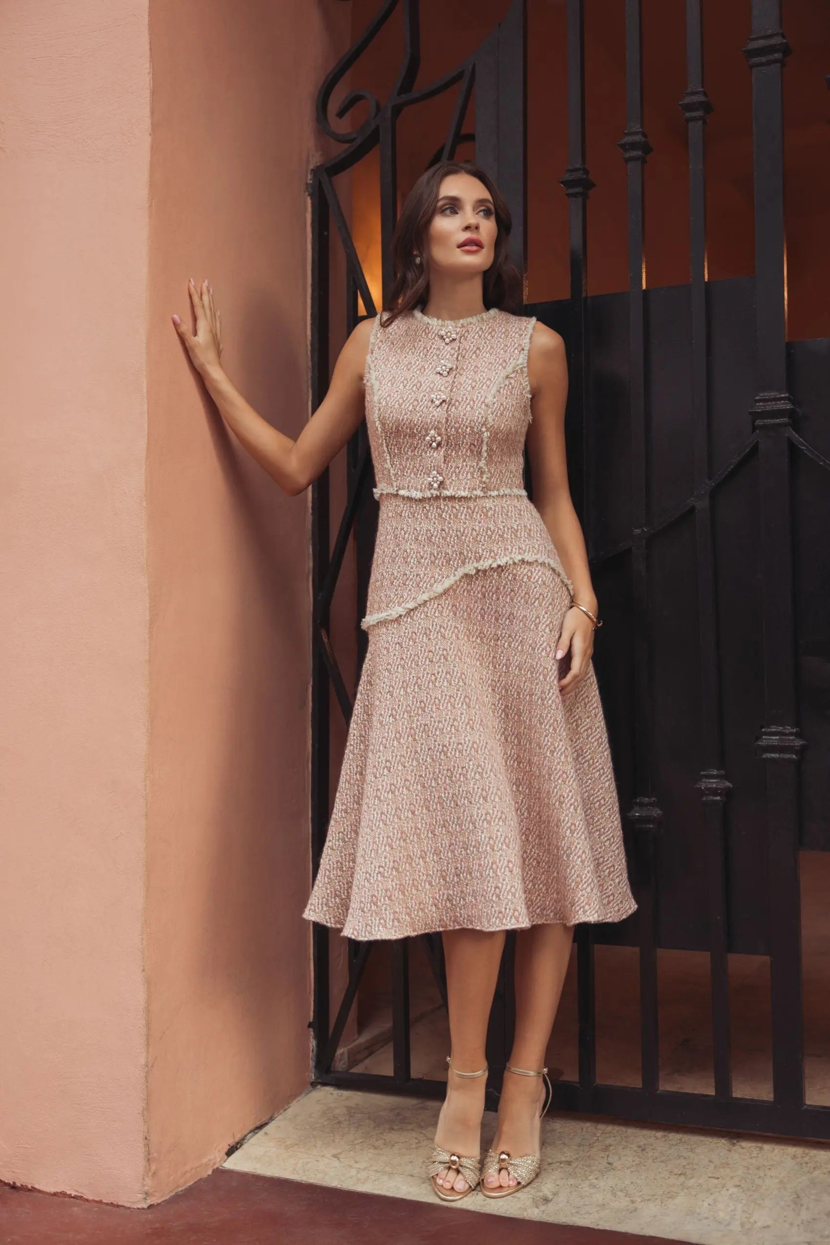 Light Pink Boucle Sleeveless Button Up Midi Dress