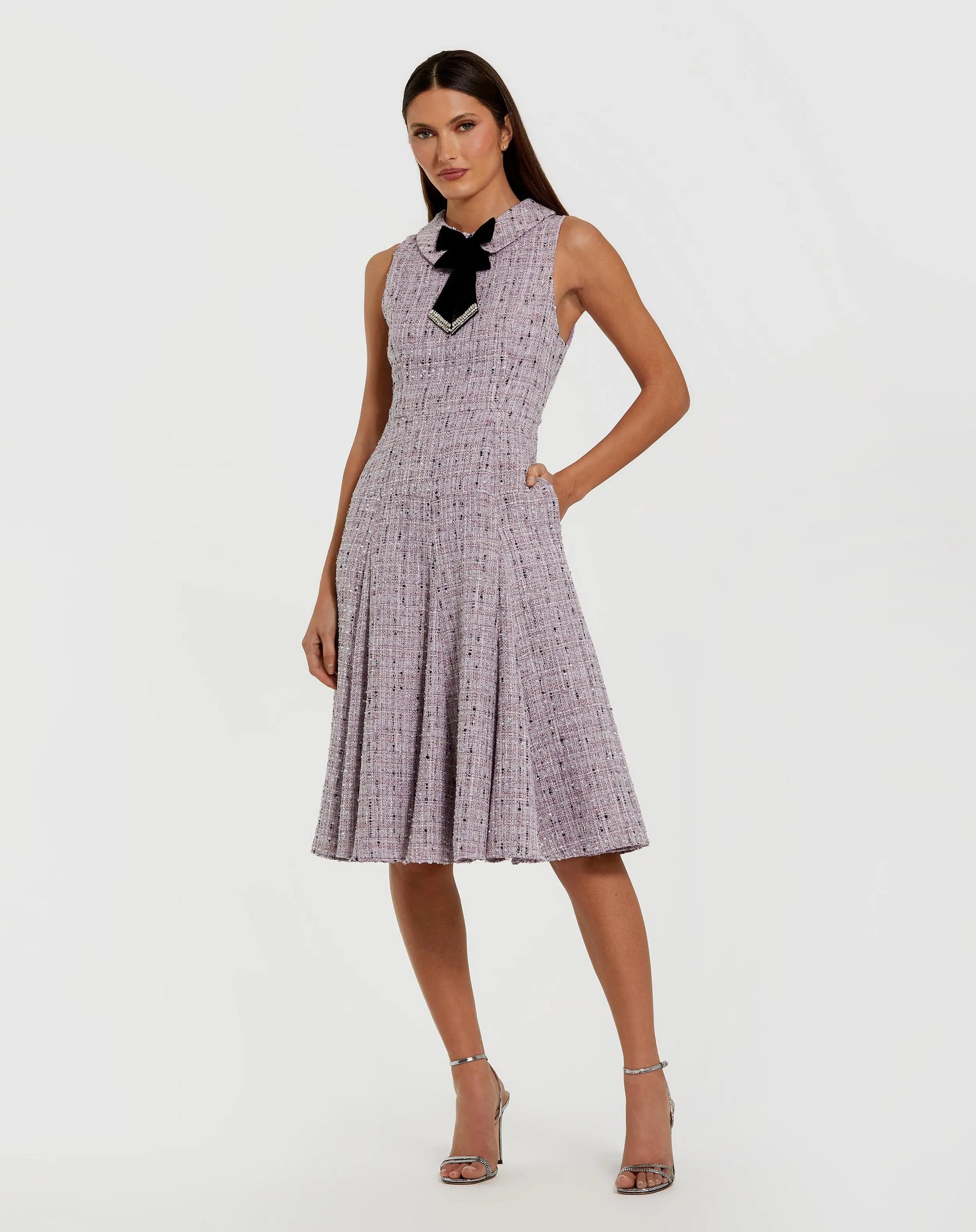 Purple Sleeveless Boucle A-Line Midi Dress With Bow | Mac Duggal Purple Sleeveless Boucle A-Line Midi Dress With Bow | Mac Duggal