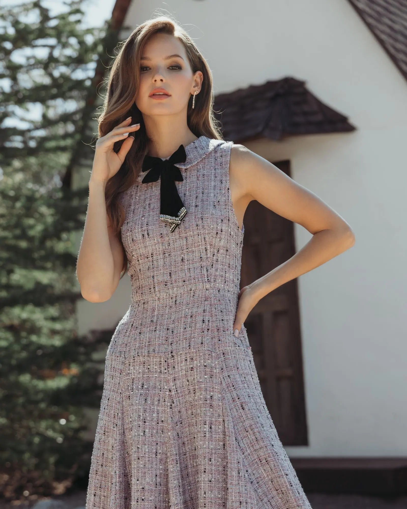 Purple Sleeveless Boucle A-Line Midi Dress With Bow - Ieena for Mac Duggal