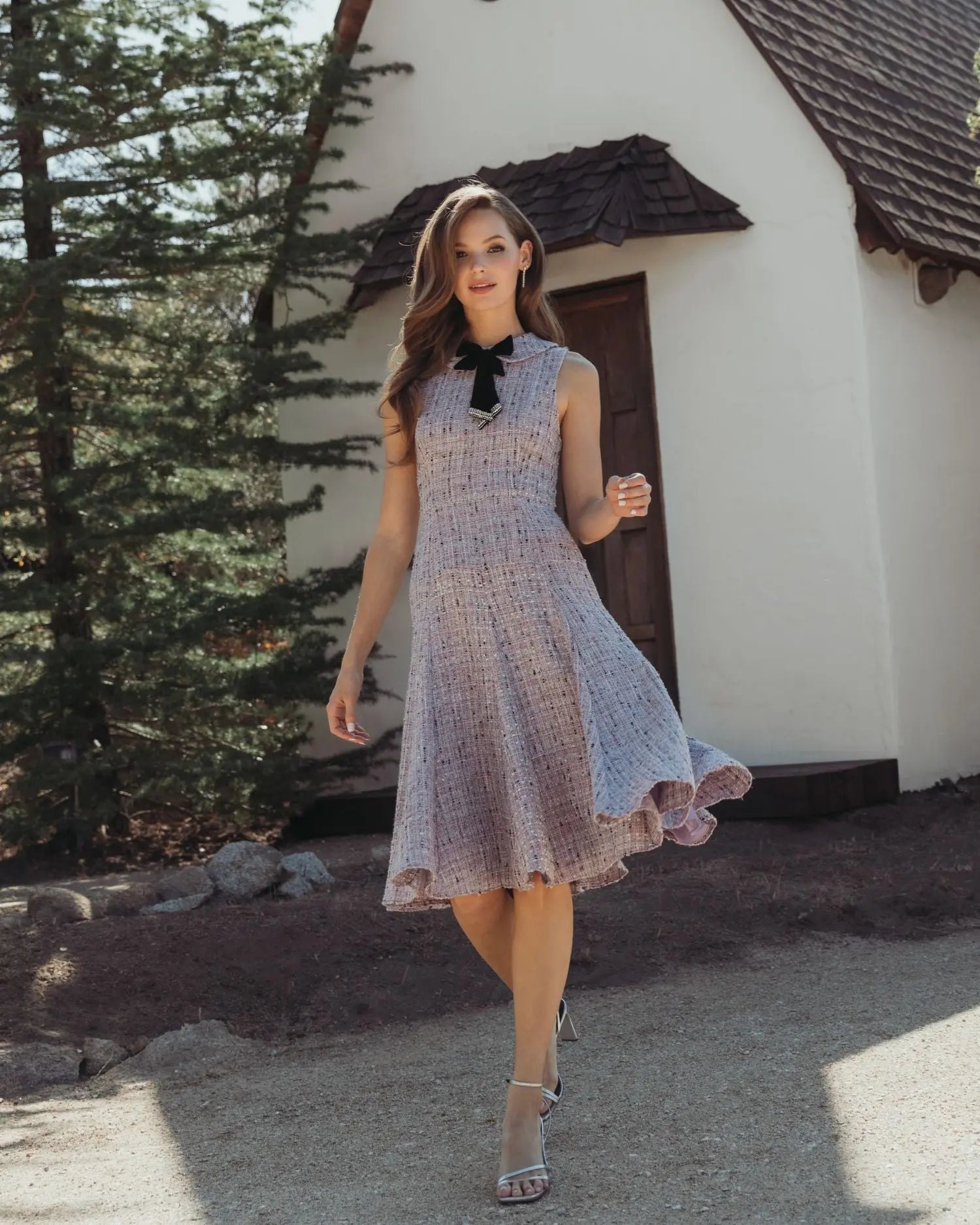 Purple Sleeveless Boucle A-Line Midi Dress With Bow Purple Sleeveless Boucle A-Line Midi Dress With Bow