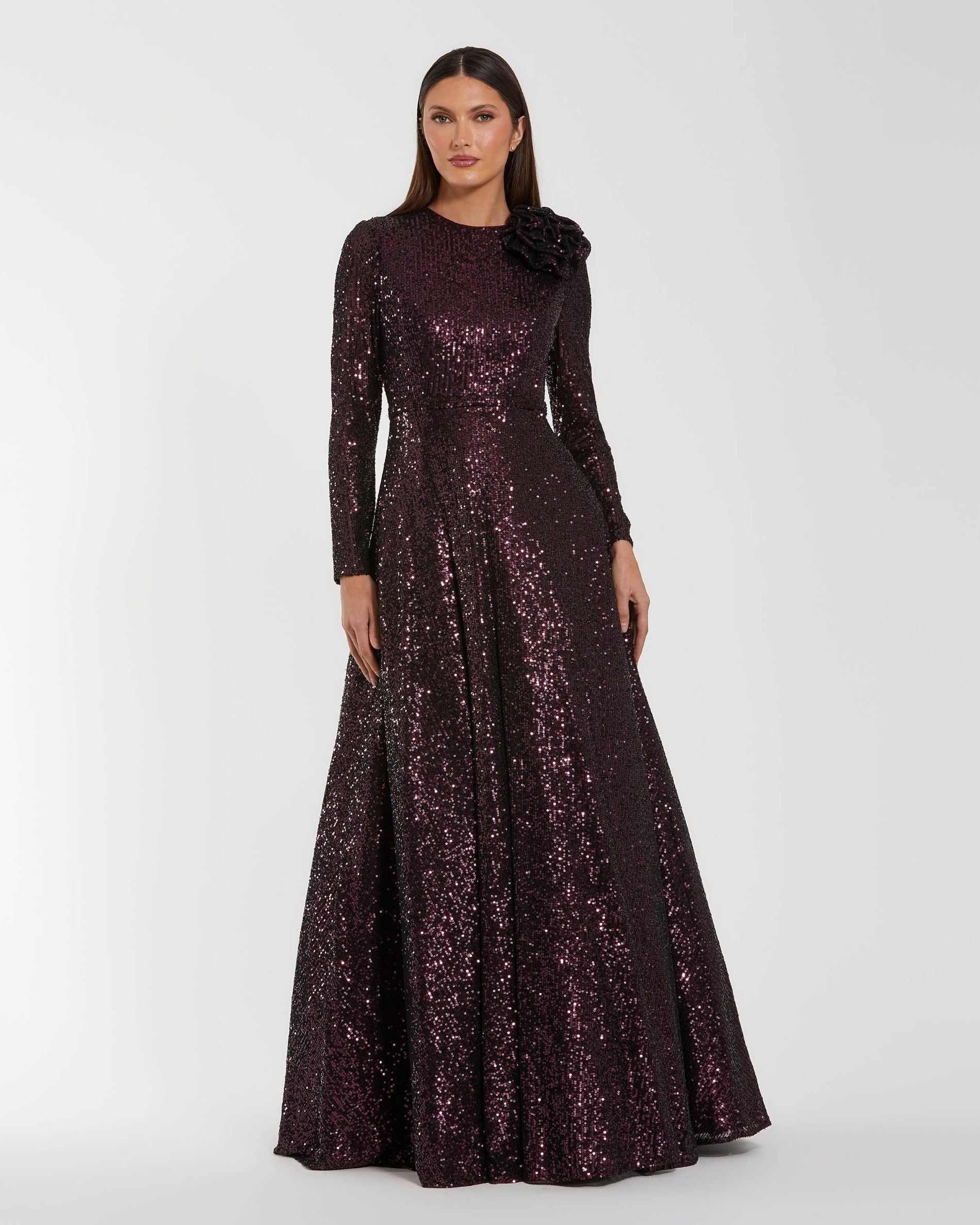 Dark Purple Long Sleeve Sequin Ballgown With 3D Flower - Ieena for Mac Duggal