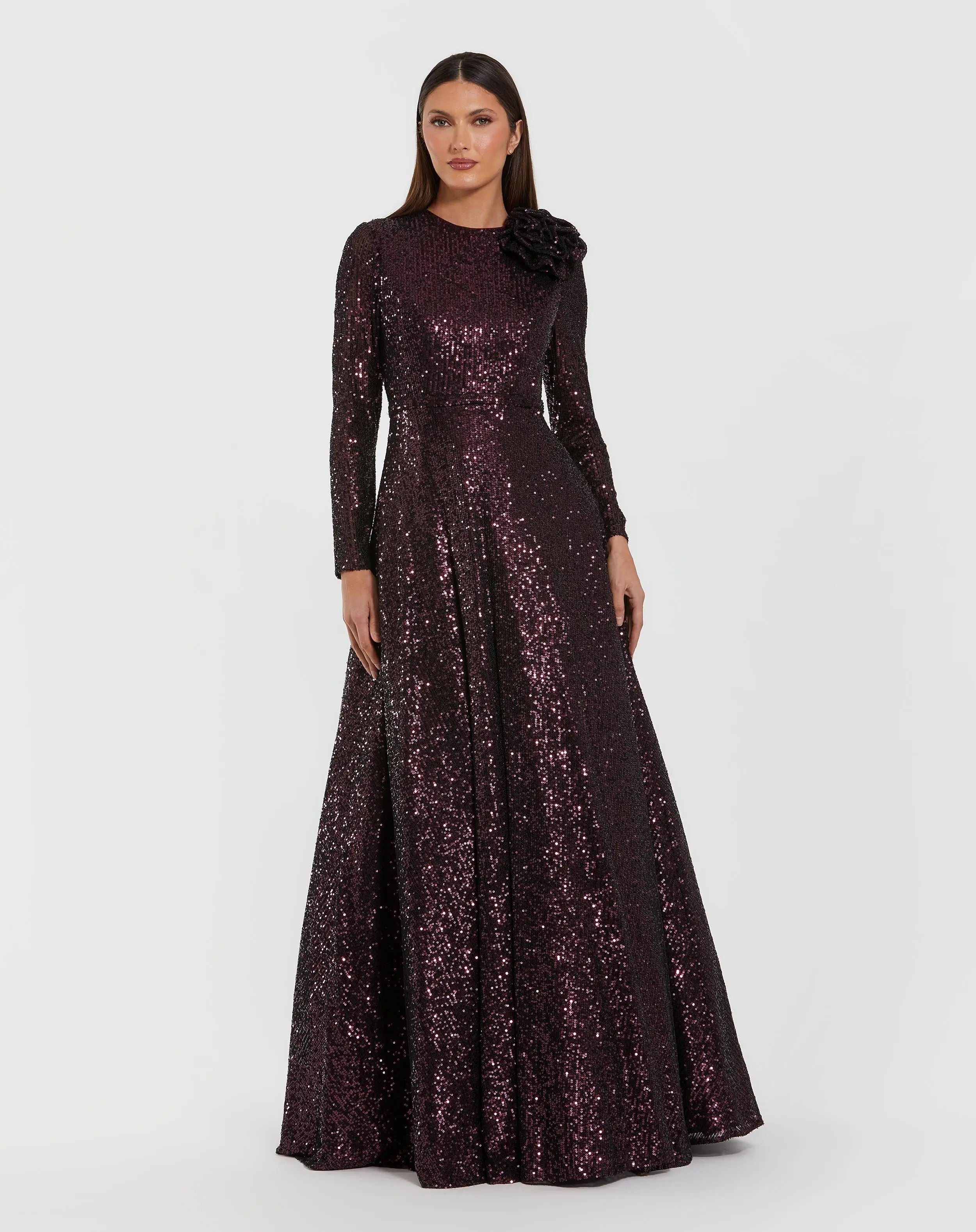 Dark Purple Long Sleeve Sequin Ballgown With 3D Flower - Ieena for Mac Duggal