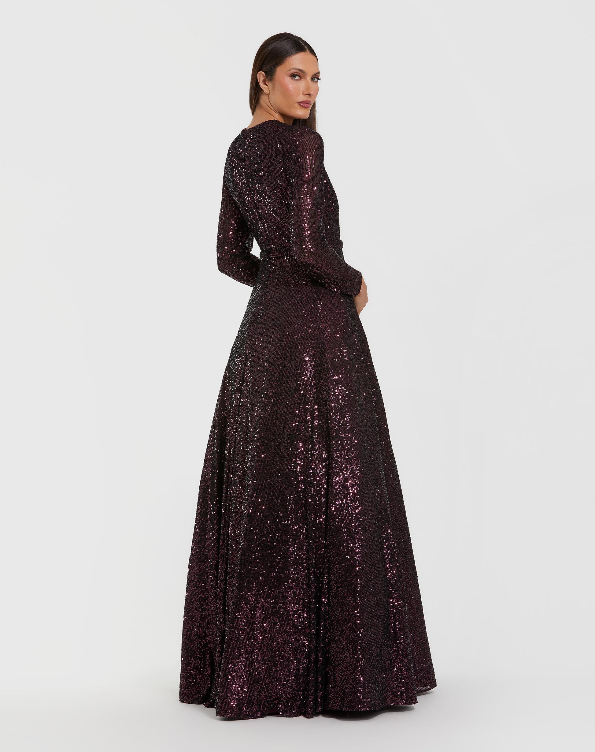 Dark Purple Long Sleeve Sequin Ballgown With 3D Flower - Ieena for Mac Duggal