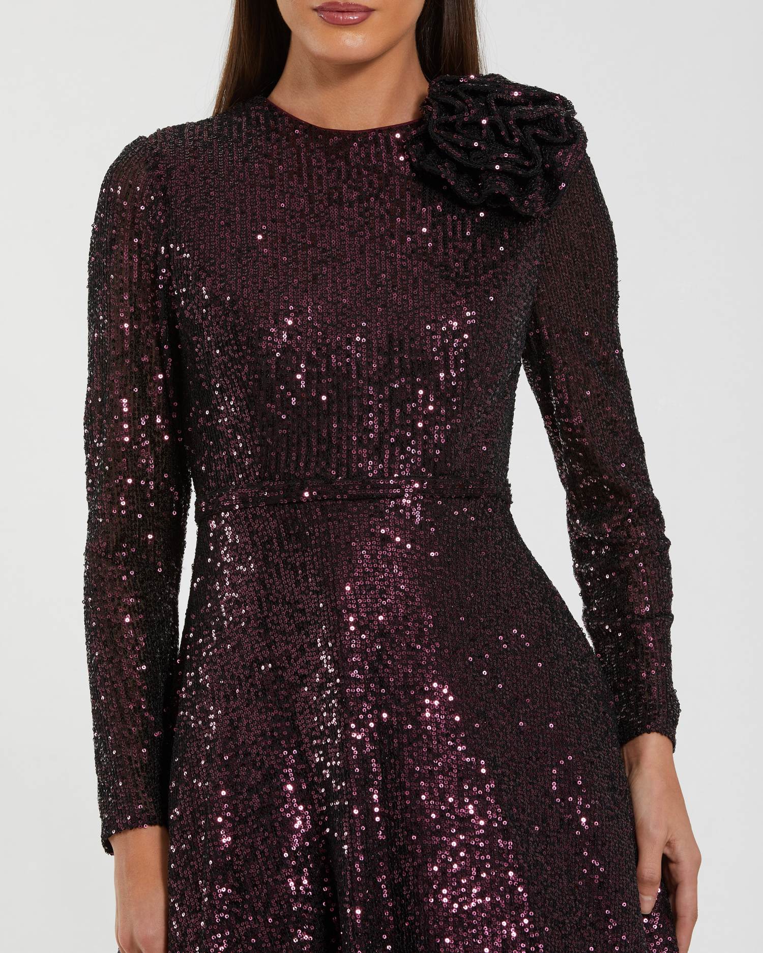 Ieena for Mac Duggal - Dark Purple Long Sleeve Sequin Ball Gown With 3D Flower - Amethyst / US 14 Ieena for Mac Duggal - Dark Purple Long Sleeve Sequin Ball Gown With 3D Flower - Amethyst / US 14