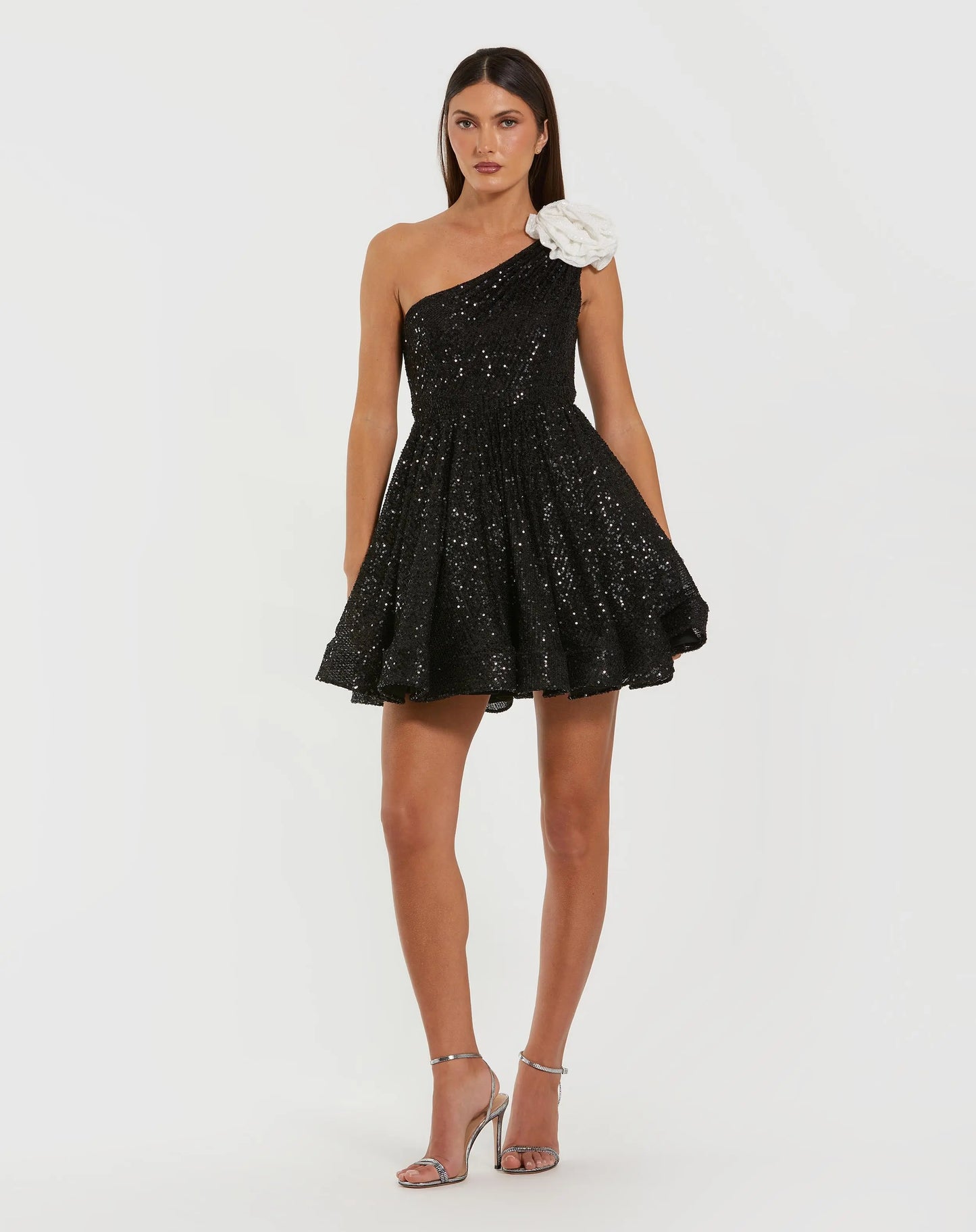Black One Shoulder Sequin Mini Dress With 3D Flower | Mac Duggal Black One Shoulder Sequin Mini Dress With 3D Flower | Mac Duggal
