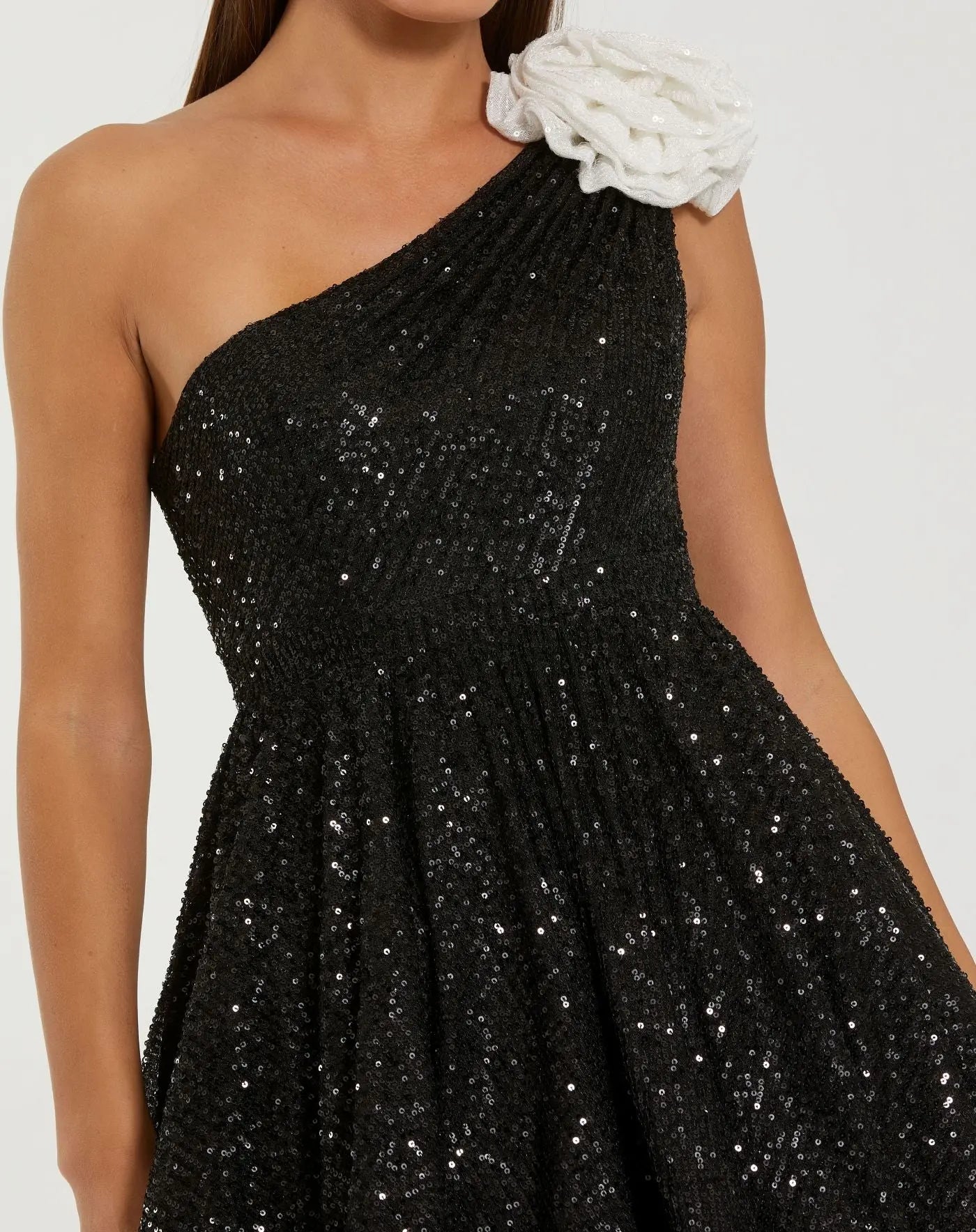 Mac Duggal One-Shoulder Sequin Mini Dress with 3D Flower