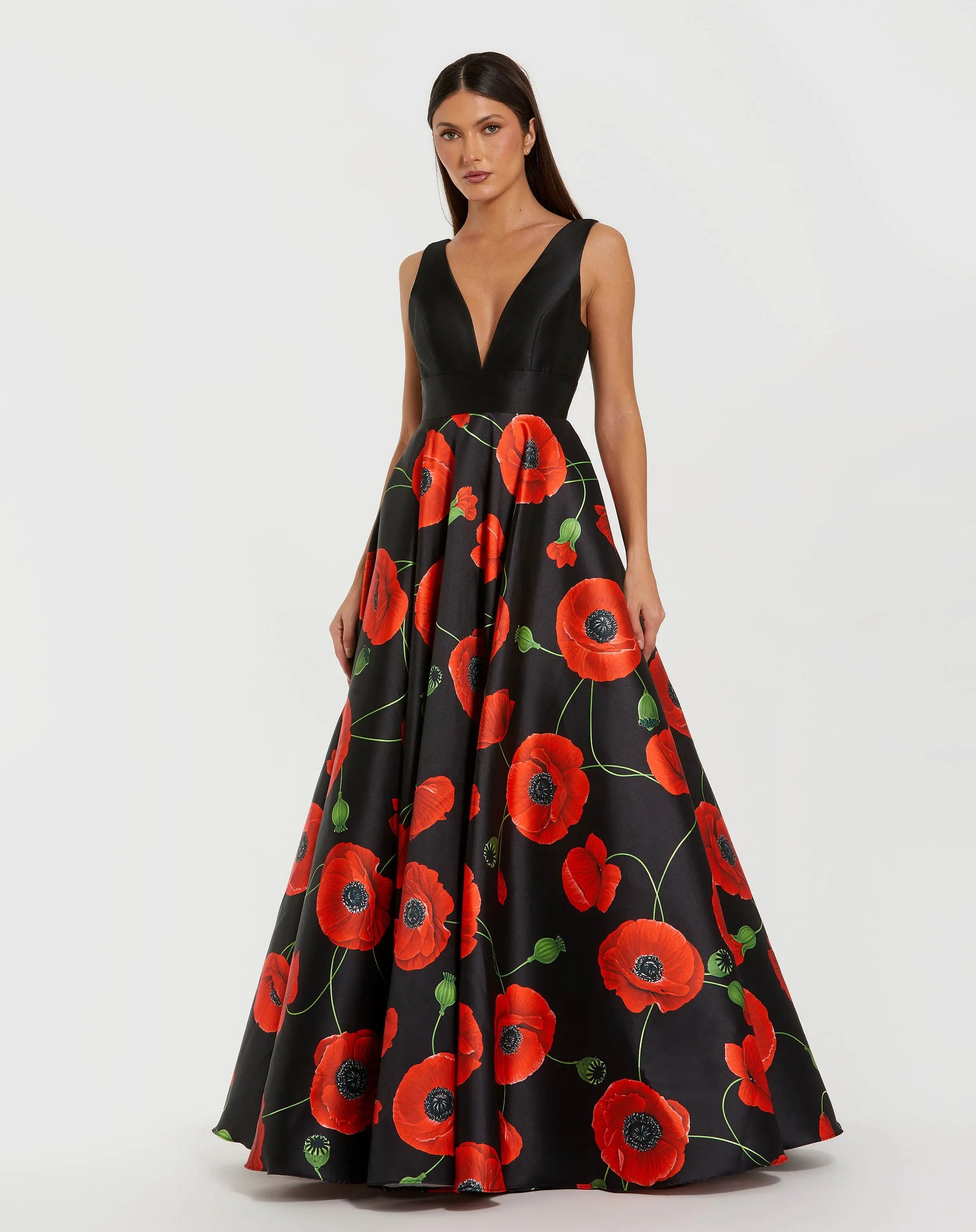 Black Plunge Neck Ball Gown With Floral Mikado Skirt | Mac Duggal Black Plunge Neck Ball Gown With Floral Mikado Skirt | Mac Duggal