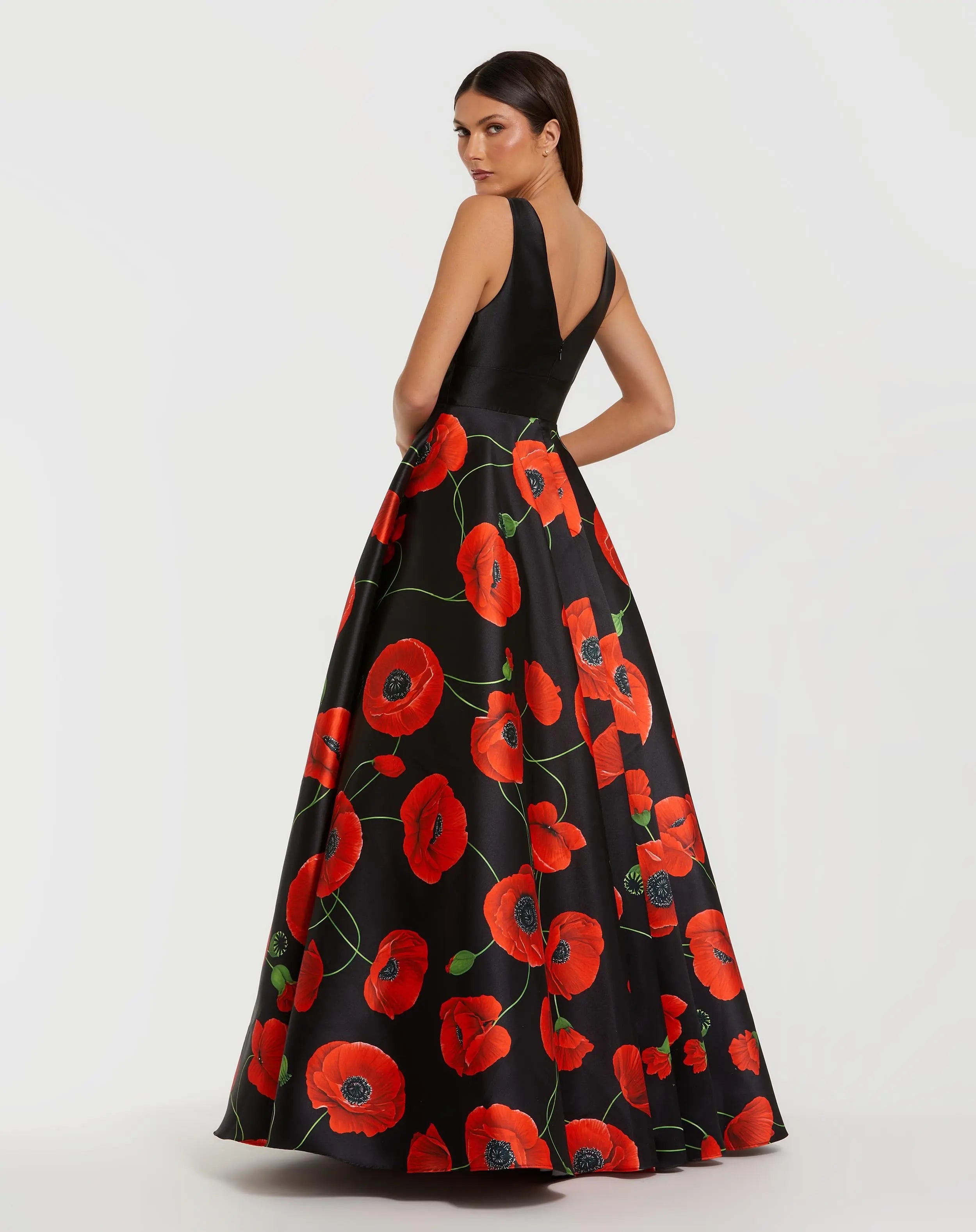 Black Plunge Neck Ballgown With Floral Mikado Skirt - Ieena for Mac Duggal