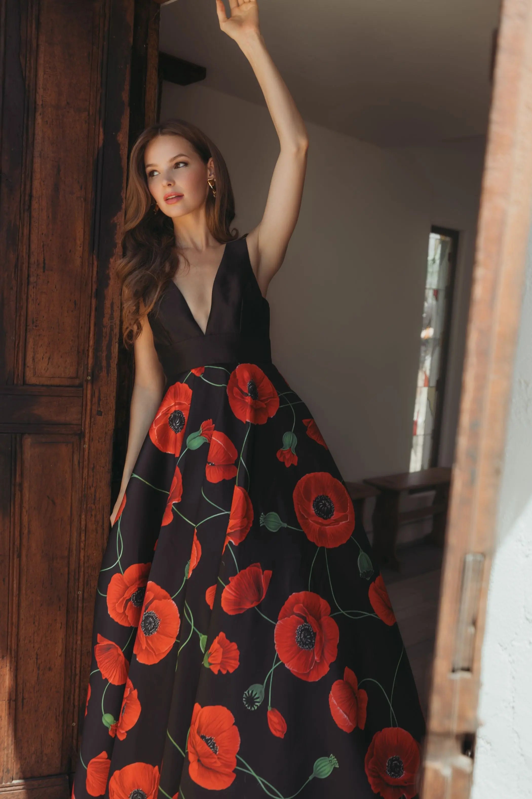 Black Plunge Neck Ballgown With Floral Mikado Skirt - Ieena for Mac Duggal