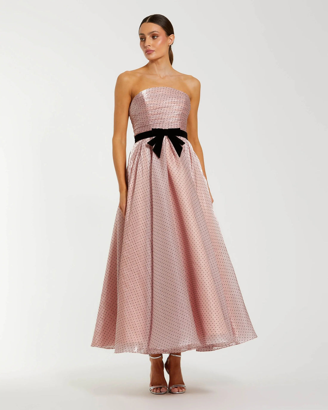 Pink Polka Dot Organza Strapless Midi Dress With Velvet Bow | Mac Duggal Pink Polka Dot Organza Strapless Midi Dress With Velvet Bow | Mac Duggal