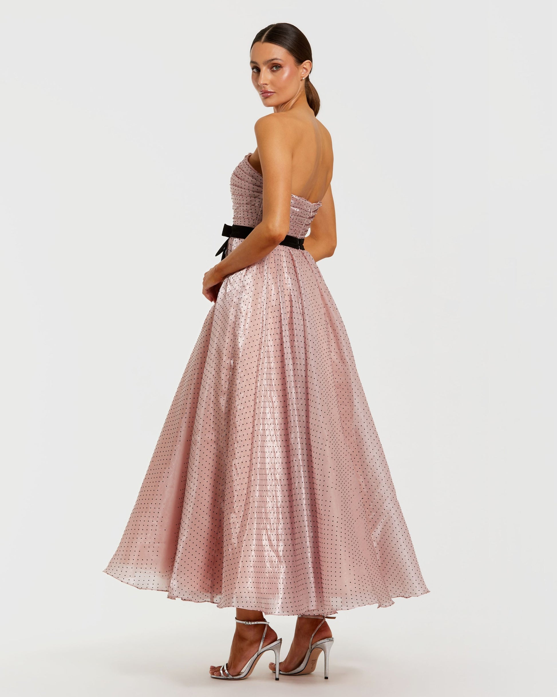 Pink Polka Dot Organza Strapless Midi Dress With Velvet Bow Ieena for Mac Duggal