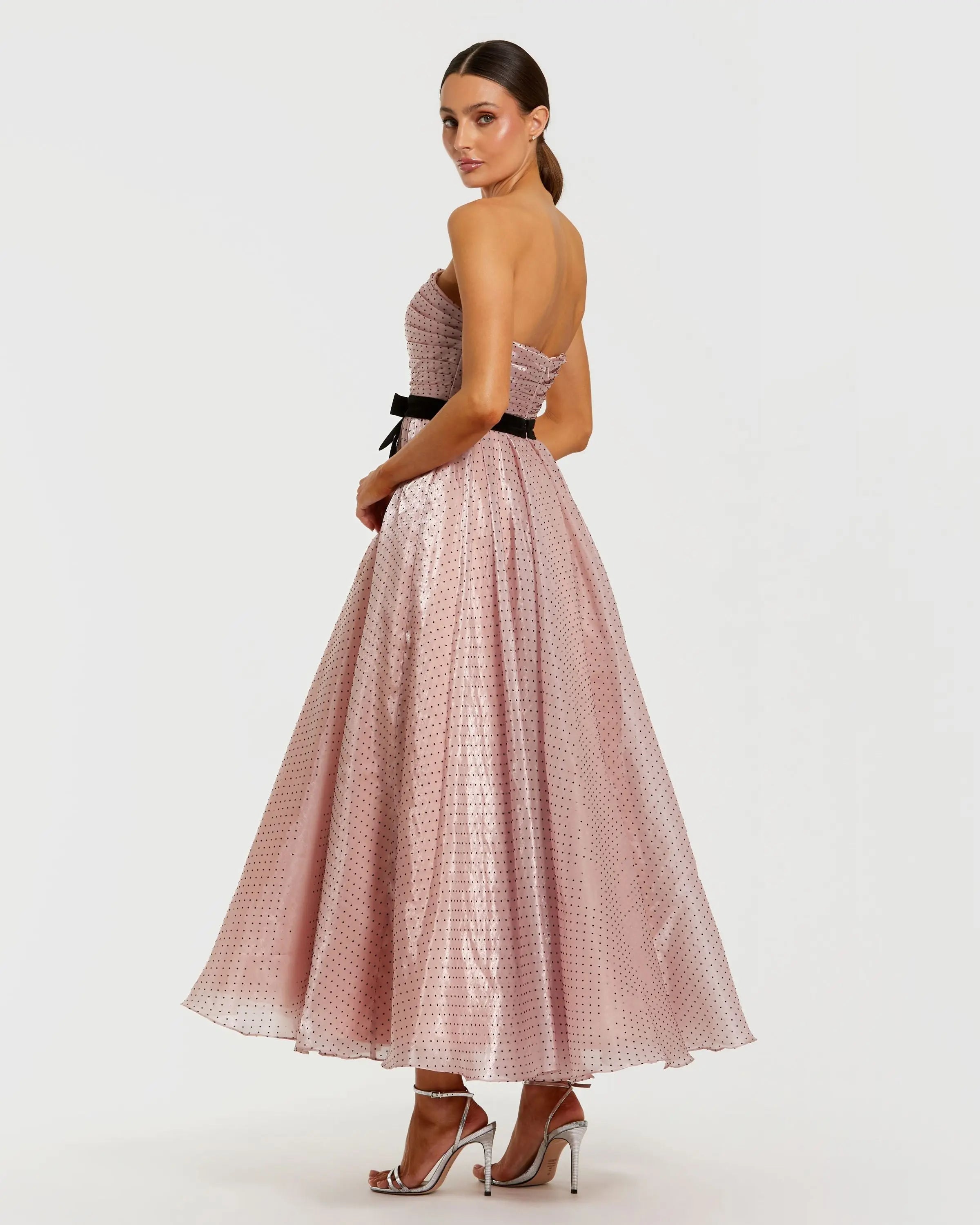 Pink Polka Dot Organza Strapless Midi Dress With Velvet Bow Ieena for Mac Duggal