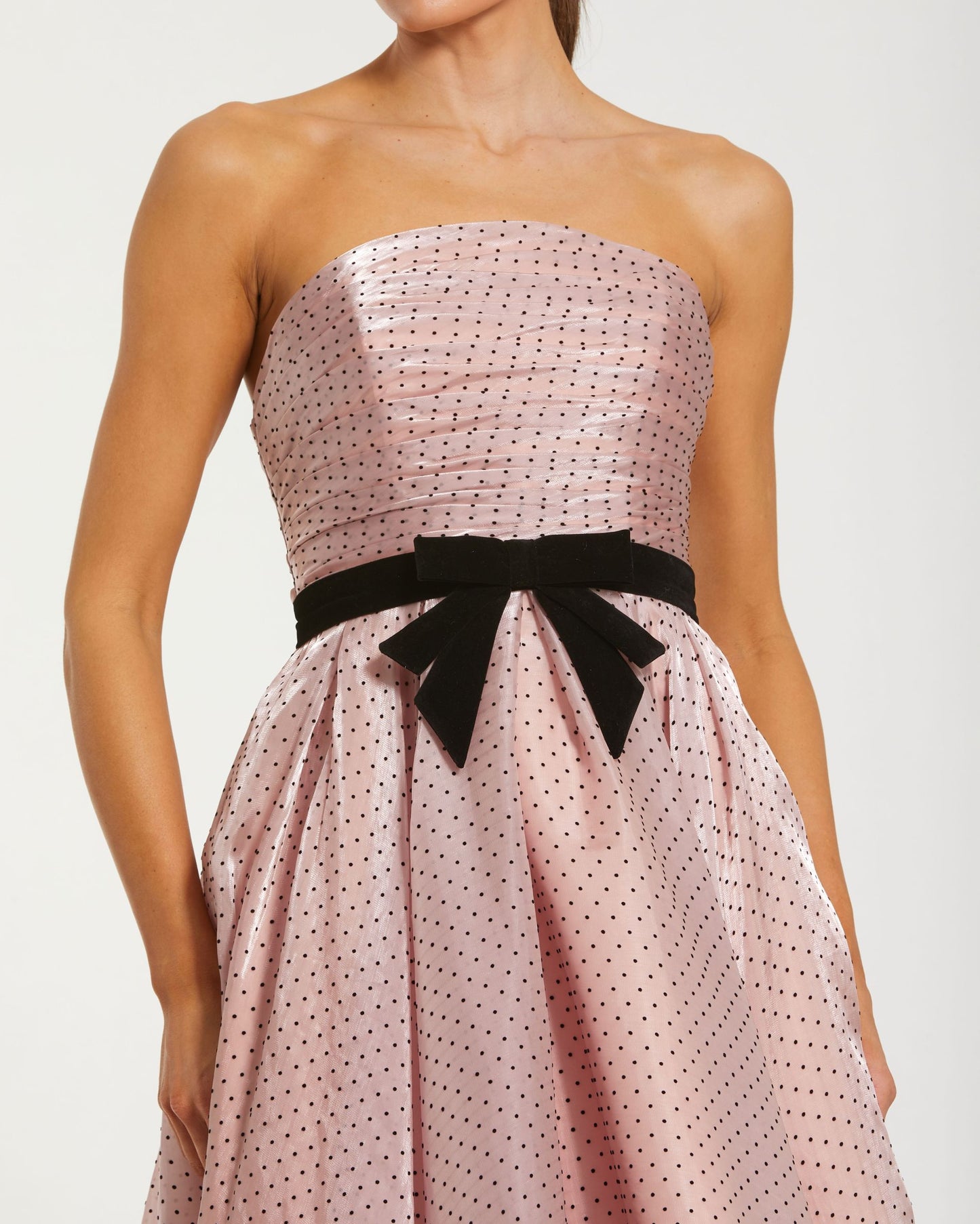 Pink Polka Dot Organza Strapless Midi Dress With Velvet Bow Ieena for Mac Duggal