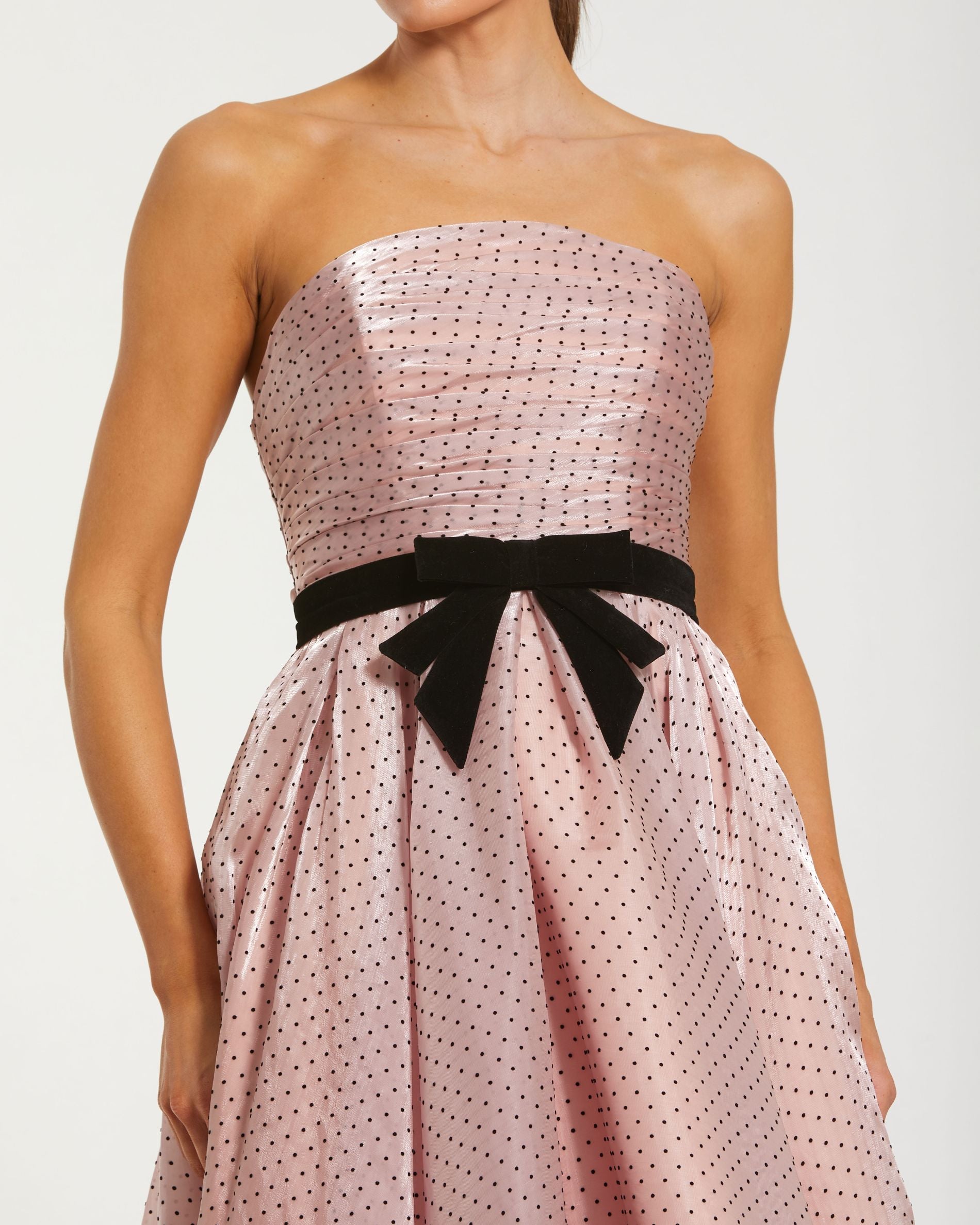 Pink Polka Dot Organza Strapless Midi Dress With Velvet Bow Ieena for Mac Duggal