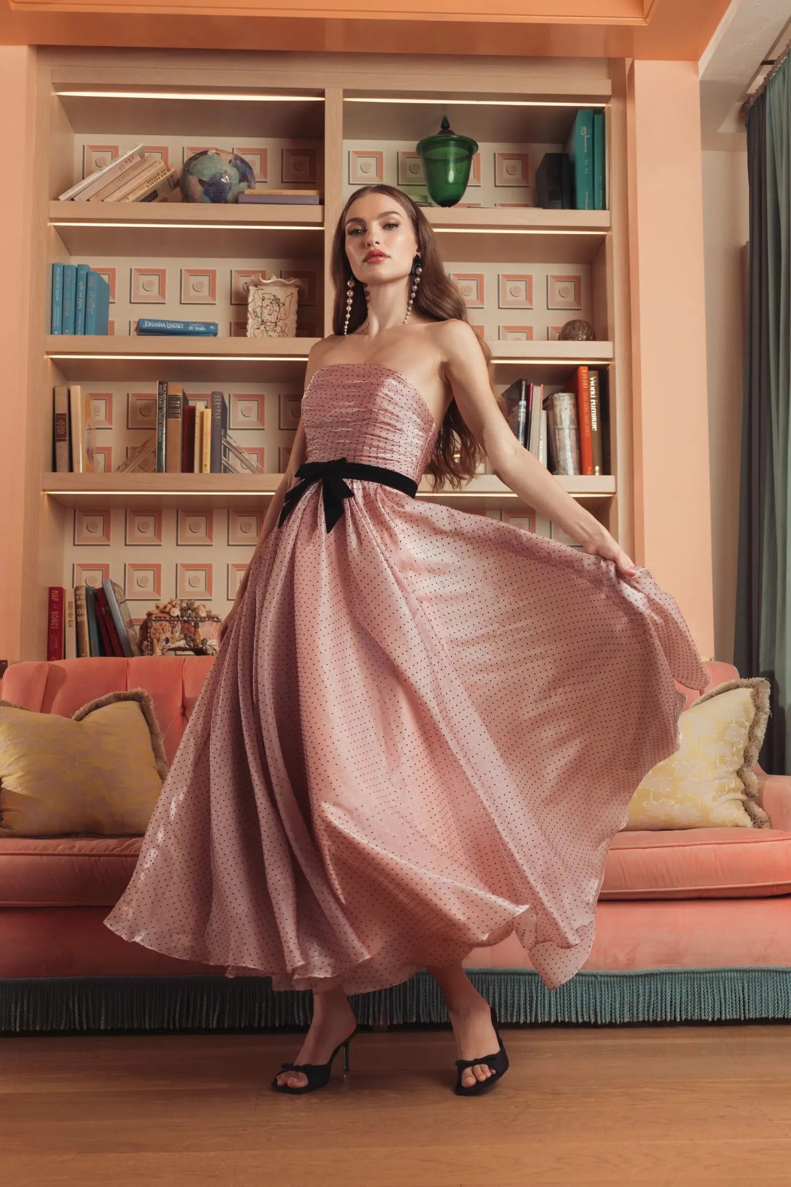 Pink Polka Dot Organza Strapless Midi Dress With Velvet Bow | Mac Duggal Pink Polka Dot Organza Strapless Midi Dress With Velvet Bow | Mac Duggal