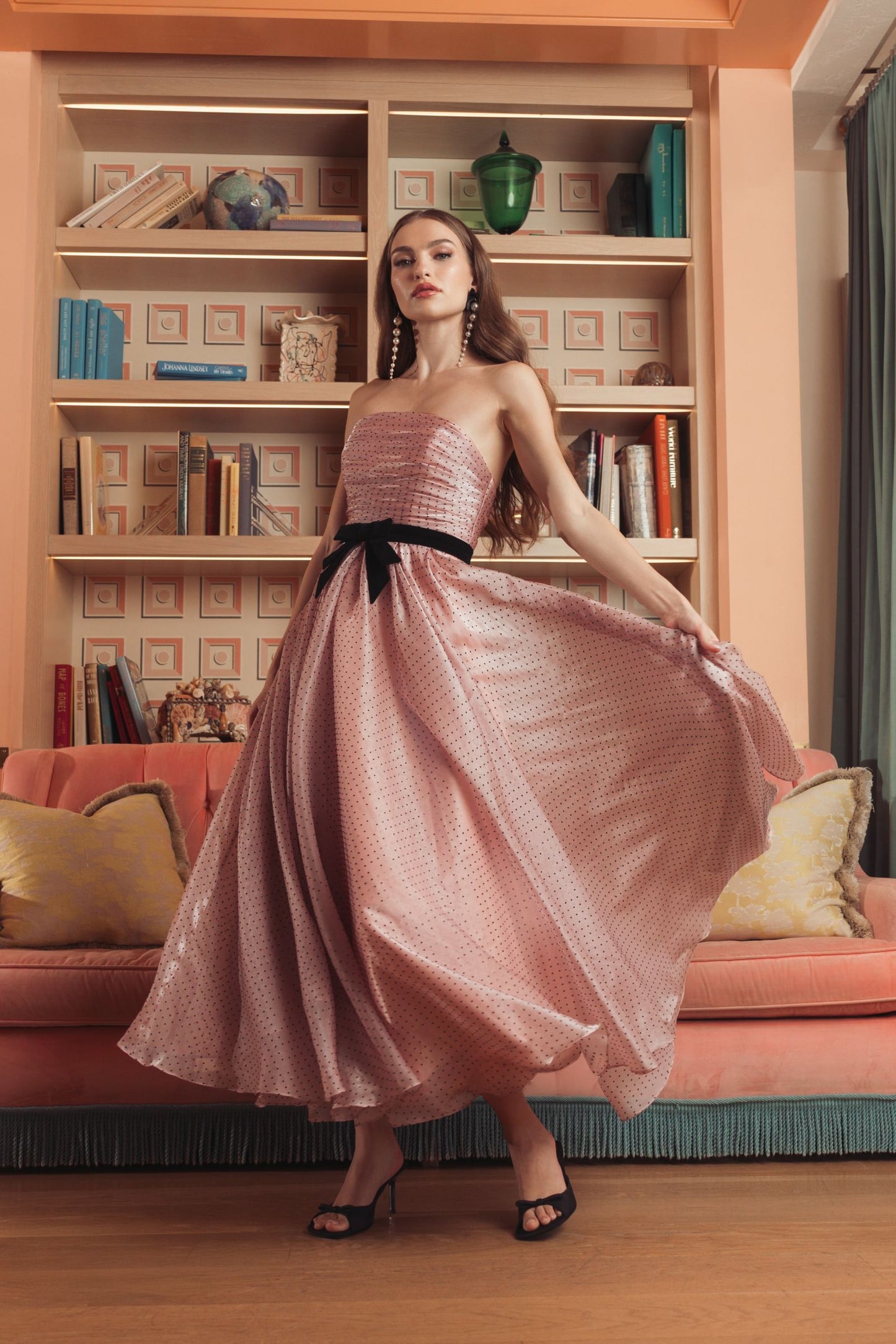 Pink Polka Dot Organza Strapless Midi Dress With Velvet Bow Ieena for Mac Duggal