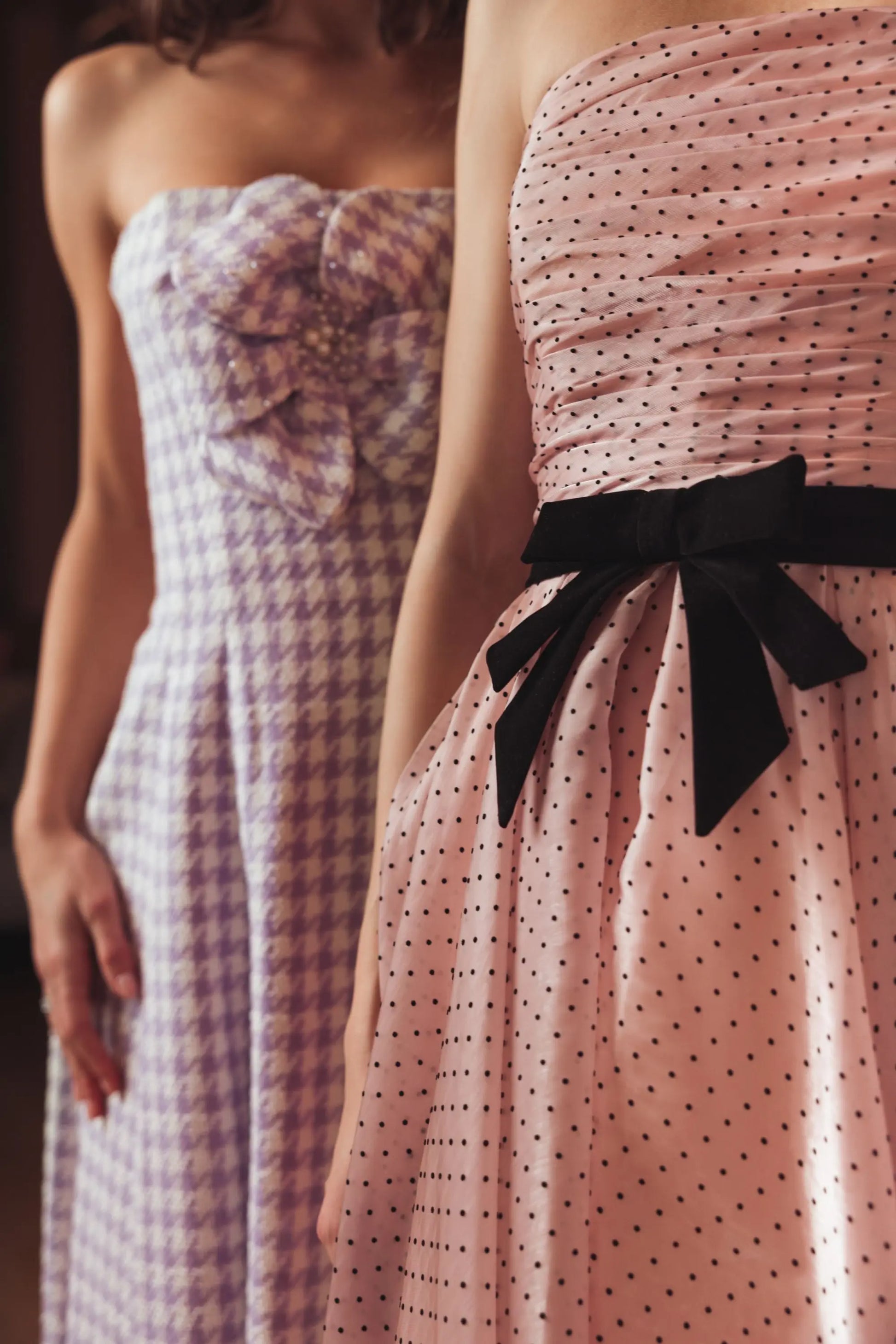 Pink Polka Dot Organza Strapless Midi Dress With Velvet Bow