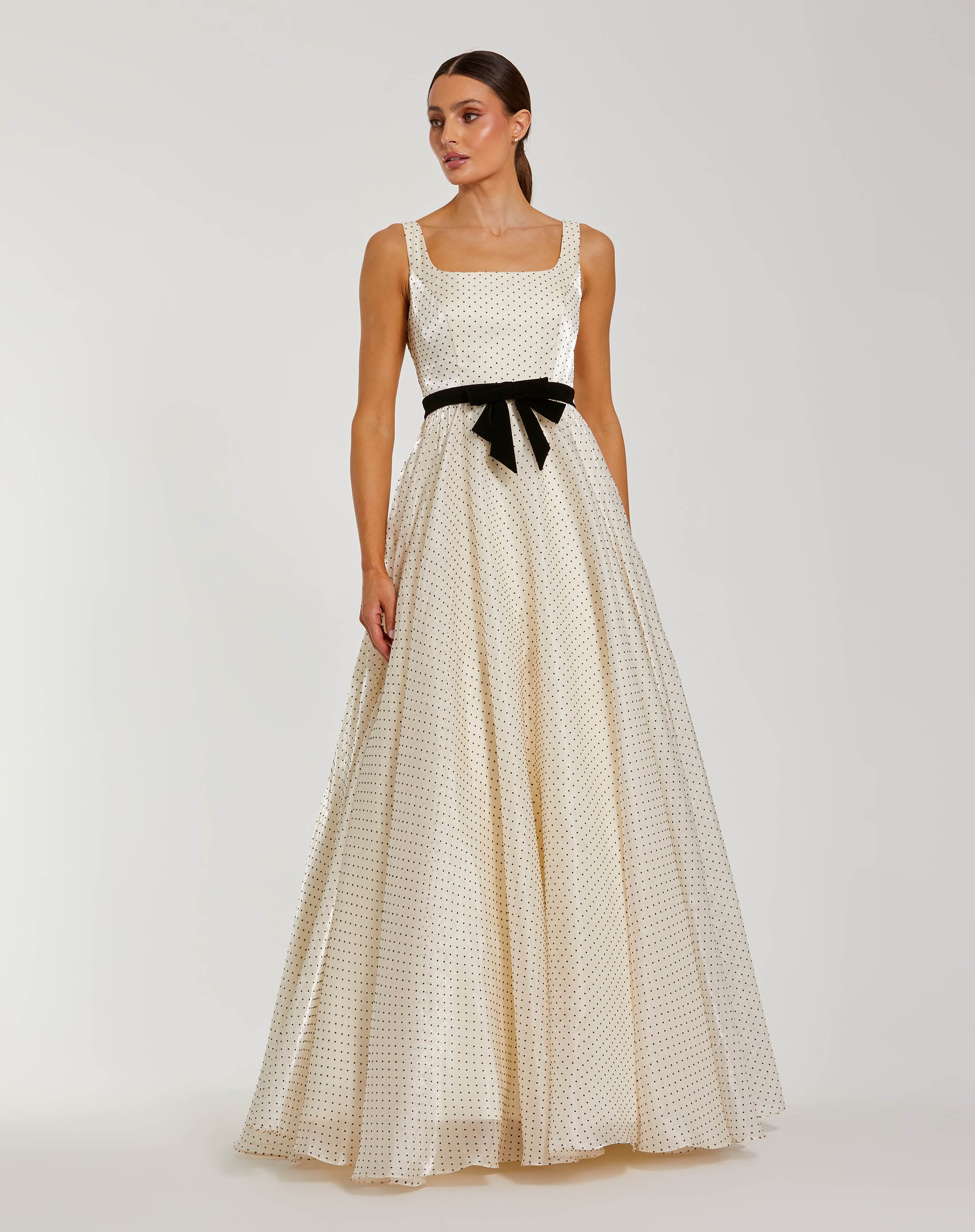 Ivory Polka Dot Square Neck Ball Gown with Bow Ieena for Mac Duggal