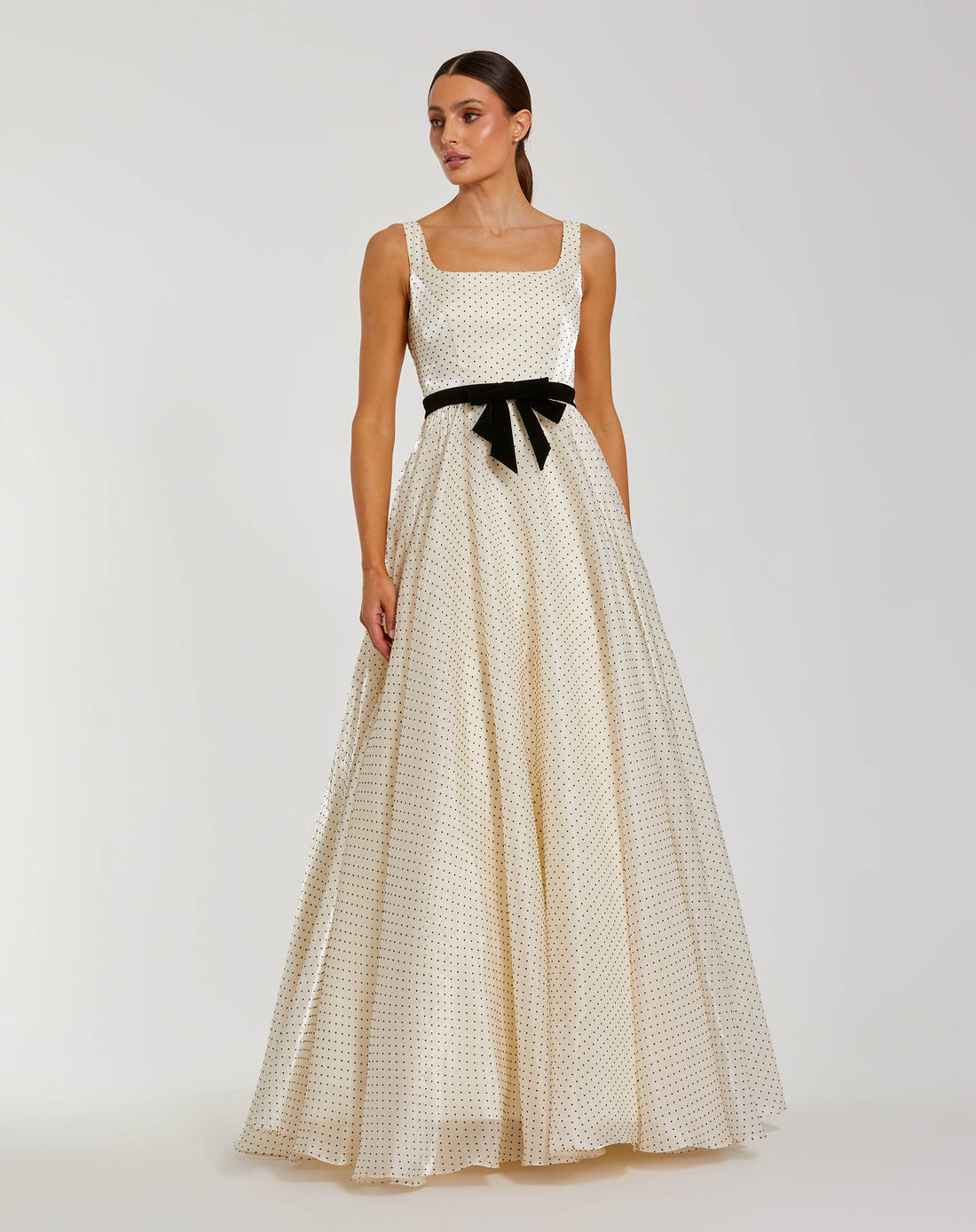 Ivory Polka Dot Square Neck Ball Gown with Bow Ieena for Mac Duggal