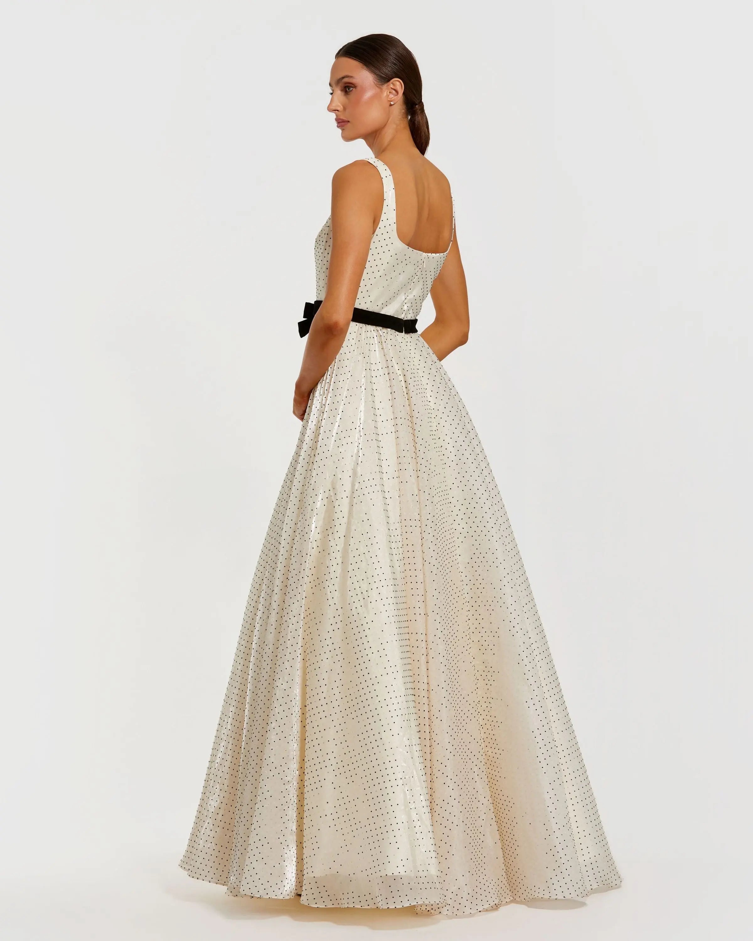 Ivory Polka Dot Square Neck Ball Gown with Bow Ieena for Mac Duggal