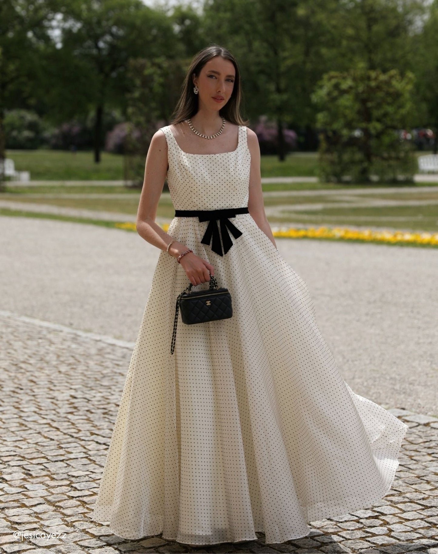 Ivory Polka Dot Square Neck Ball Gown with Bow Wedding Guest - Ieena for Mac Duggal
