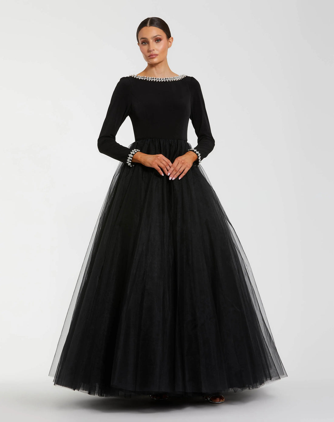 Black Embellished Jersey Long Sleeve Ball Gown With Tulle Skirt | Mac Duggal Black Embellished Jersey Long Sleeve Ball Gown With Tulle Skirt | Mac Duggal