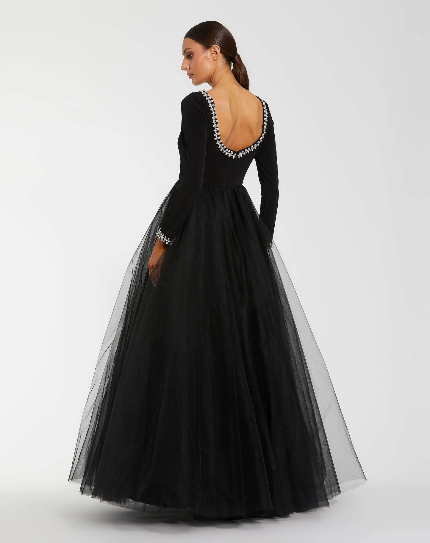 Black Embellished Jersey Long Sleeve Ballgown With Tulle Skirt - Ieena for Mac Duggal