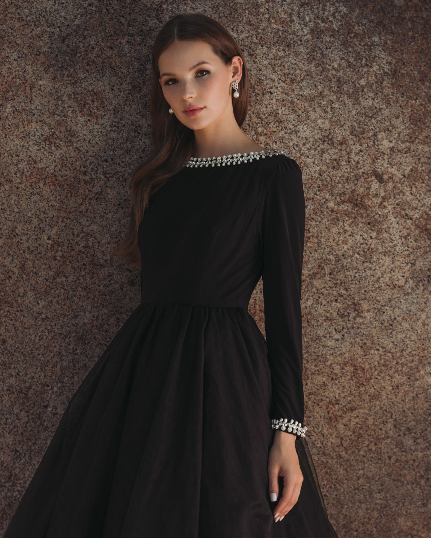 Black Embellished Jersey Long Sleeve Ballgown With Tulle Skirt - Ieena for Mac Duggal