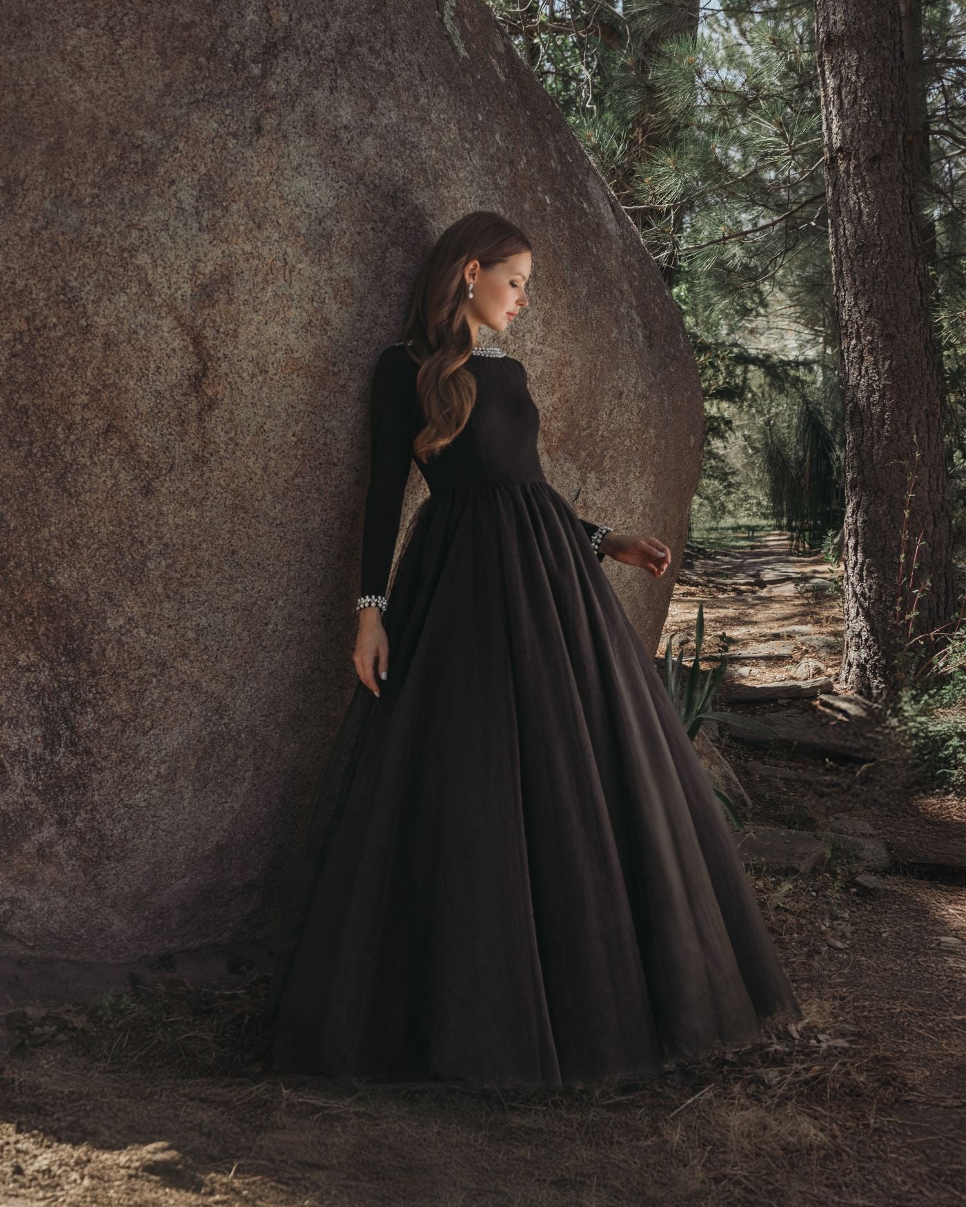 Black Embellished Jersey Long Sleeve Ballgown With Tulle Skirt - Ieena for Mac Duggal