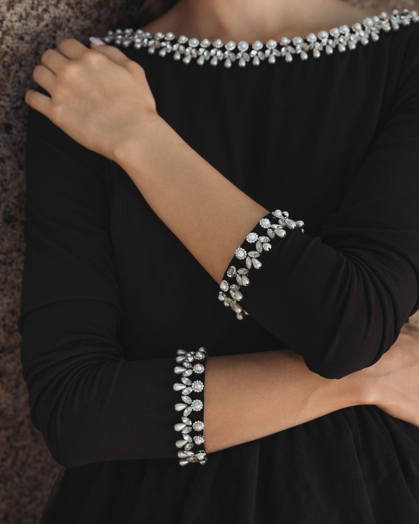 Black Embellished Jersey Long Sleeve Ballgown With Tulle Skirt - Ieena for Mac Duggal