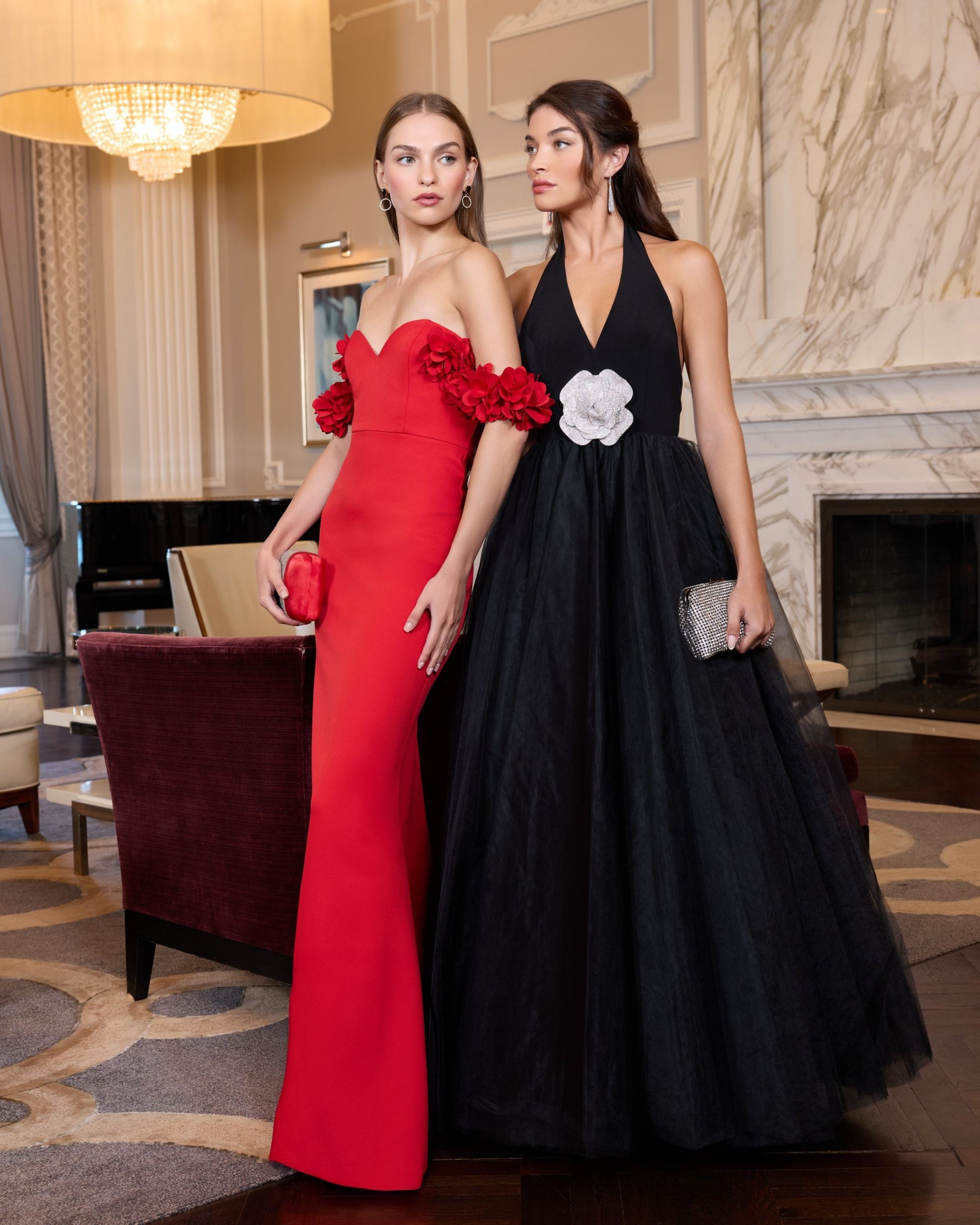 Black Halter Neck Ballgown with Rhinestone Flower - Ieena for Mac Duggal