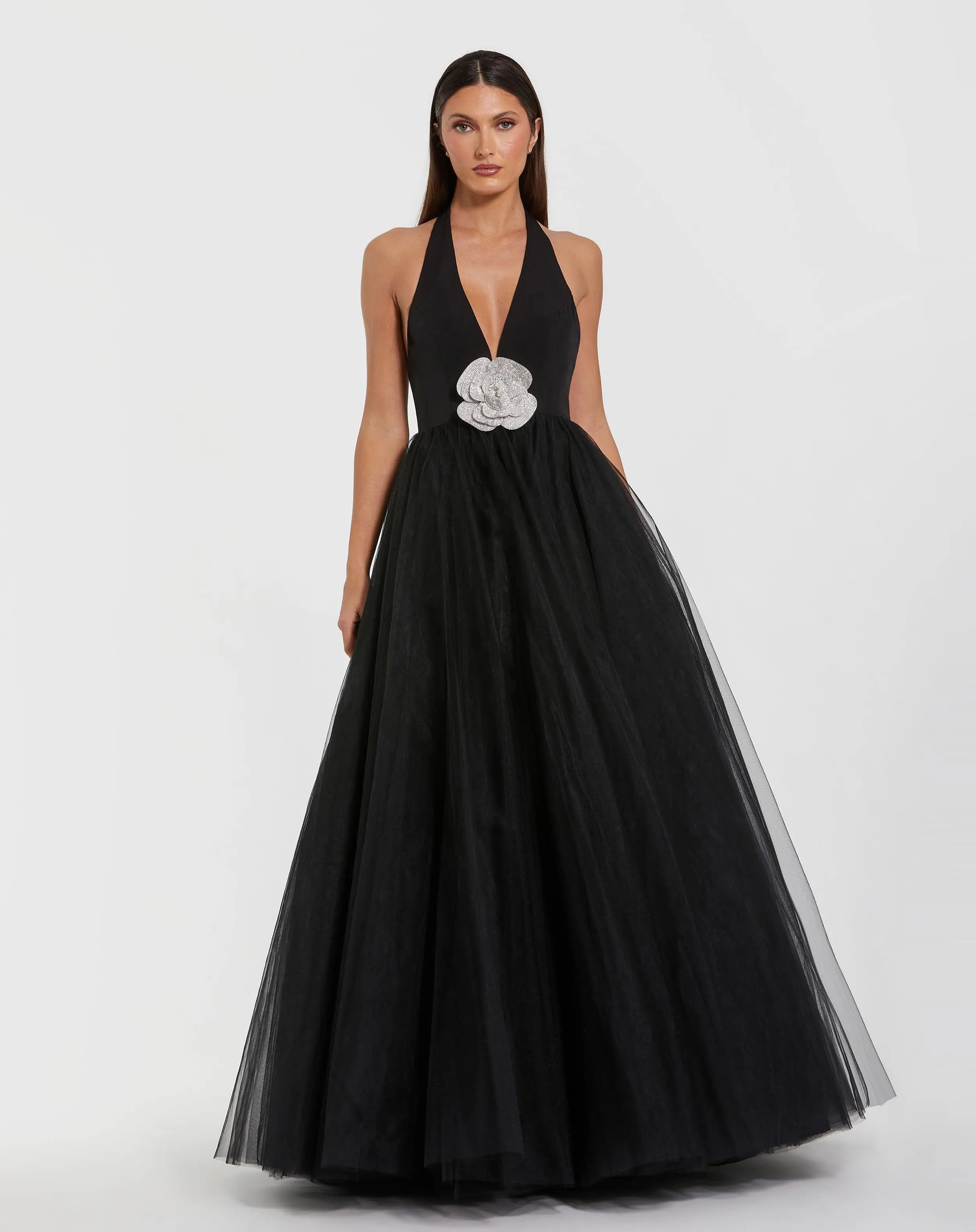 Black Halter Neck Ballgown with Rhinestone Flower - Ieena for Mac Duggal