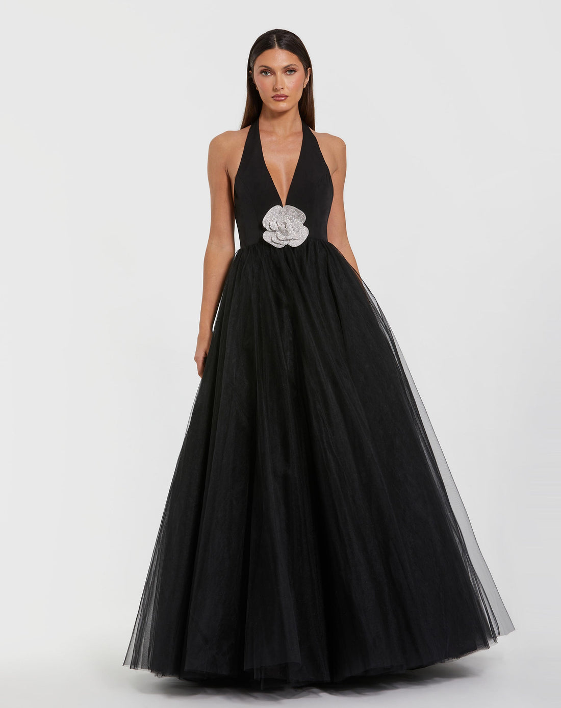 Black Halter Neck Ballgown with Rhinestone Flower - Ieena for Mac Duggal