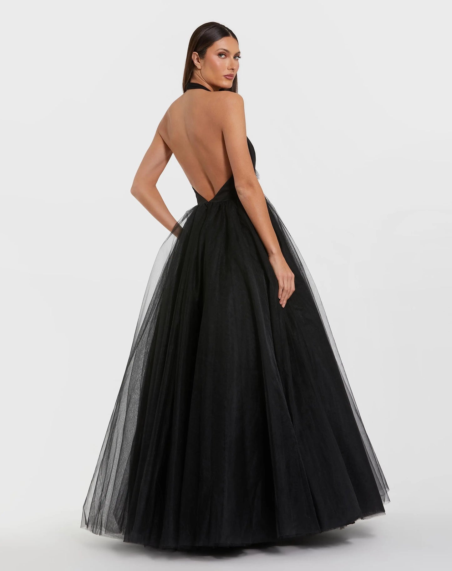 Mac Duggal Women's Jersey Halter Ballgown with Tulle Skirt & Flower - Black - Size 2 Mac Duggal Women's Jersey Halter Ballgown with Tulle Skirt & Flower - Black - Size 2