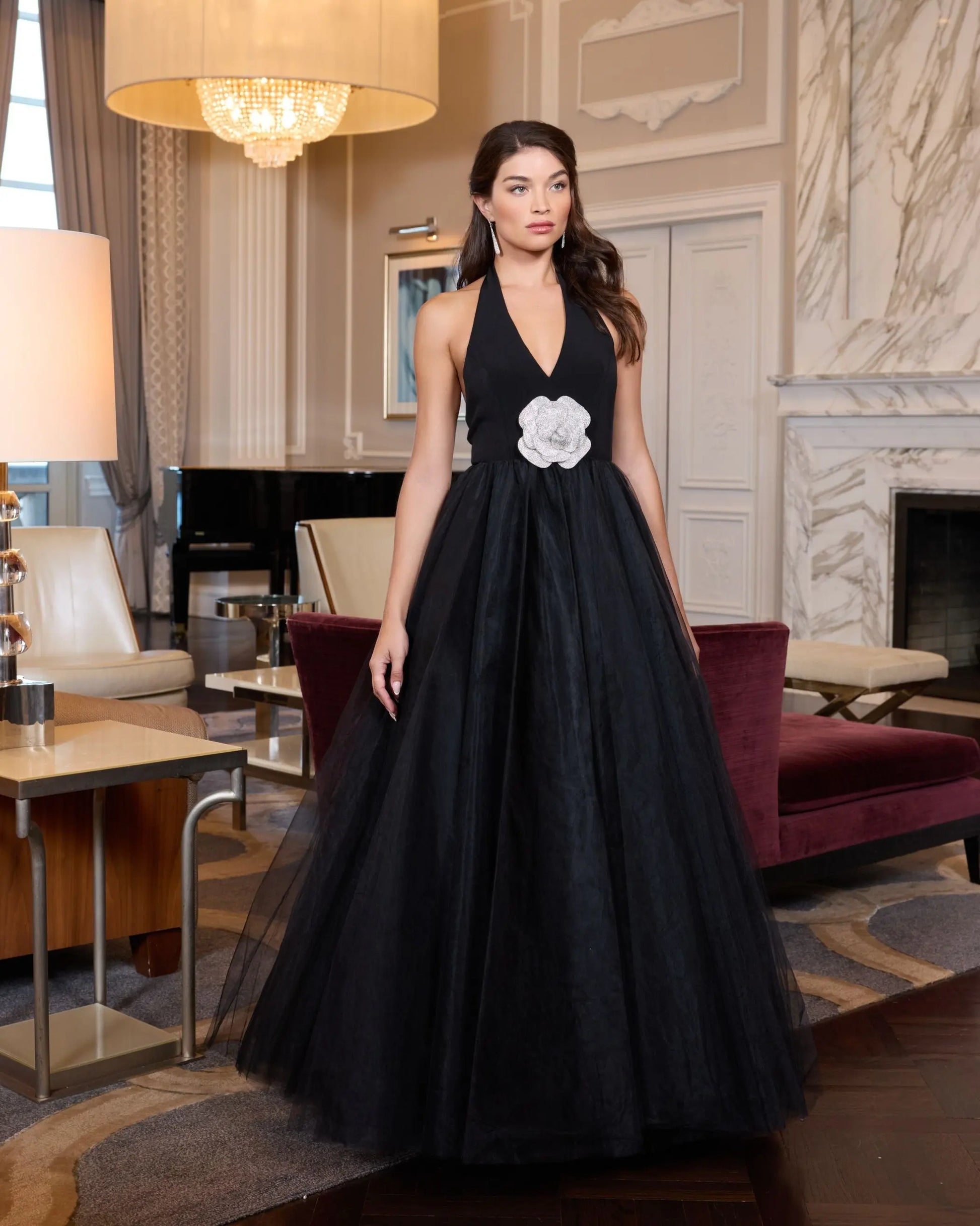 Black Halter Neck Ball Gown with Rhinestone Flower | Mac Duggal Black Halter Neck Ball Gown with Rhinestone Flower | Mac Duggal