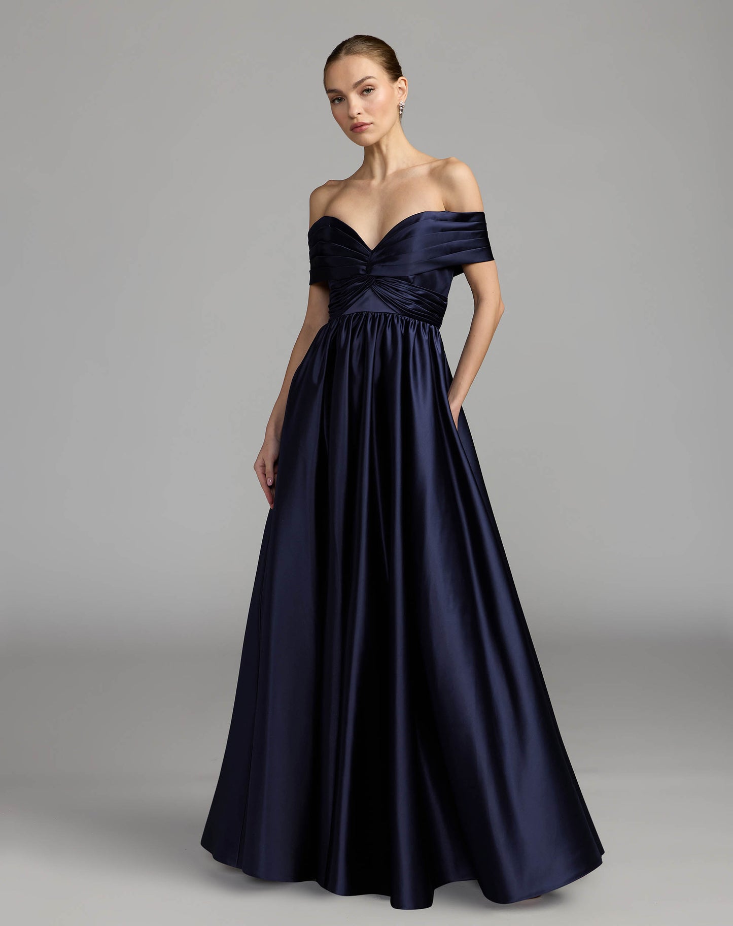 Navy Satin Off The Shoulder Twist Evening Ball Gown - Ieena for Mac Duggal
