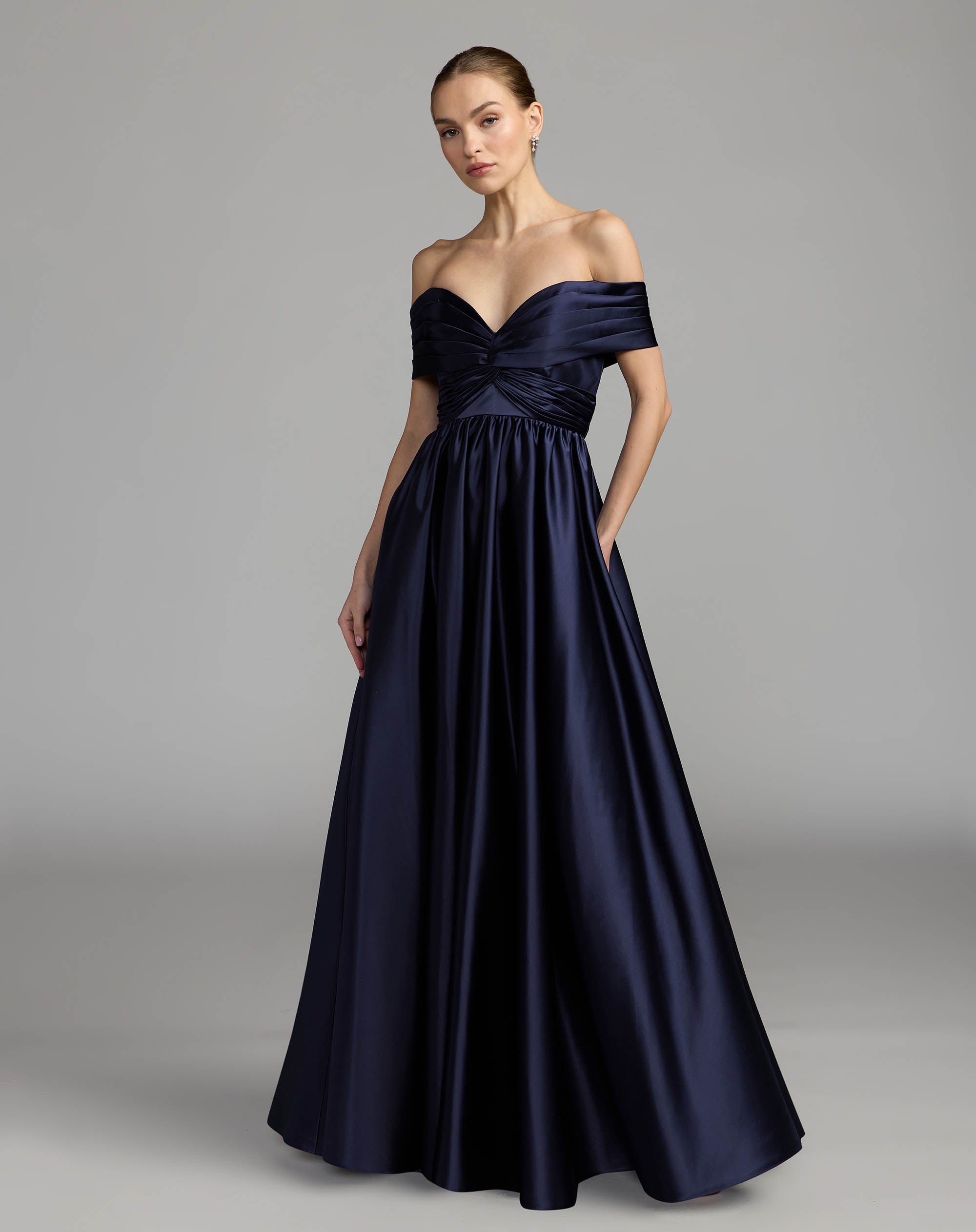 Navy Satin Off The Shoulder Twist Evening Ball Gown - Ieena for Mac Duggal