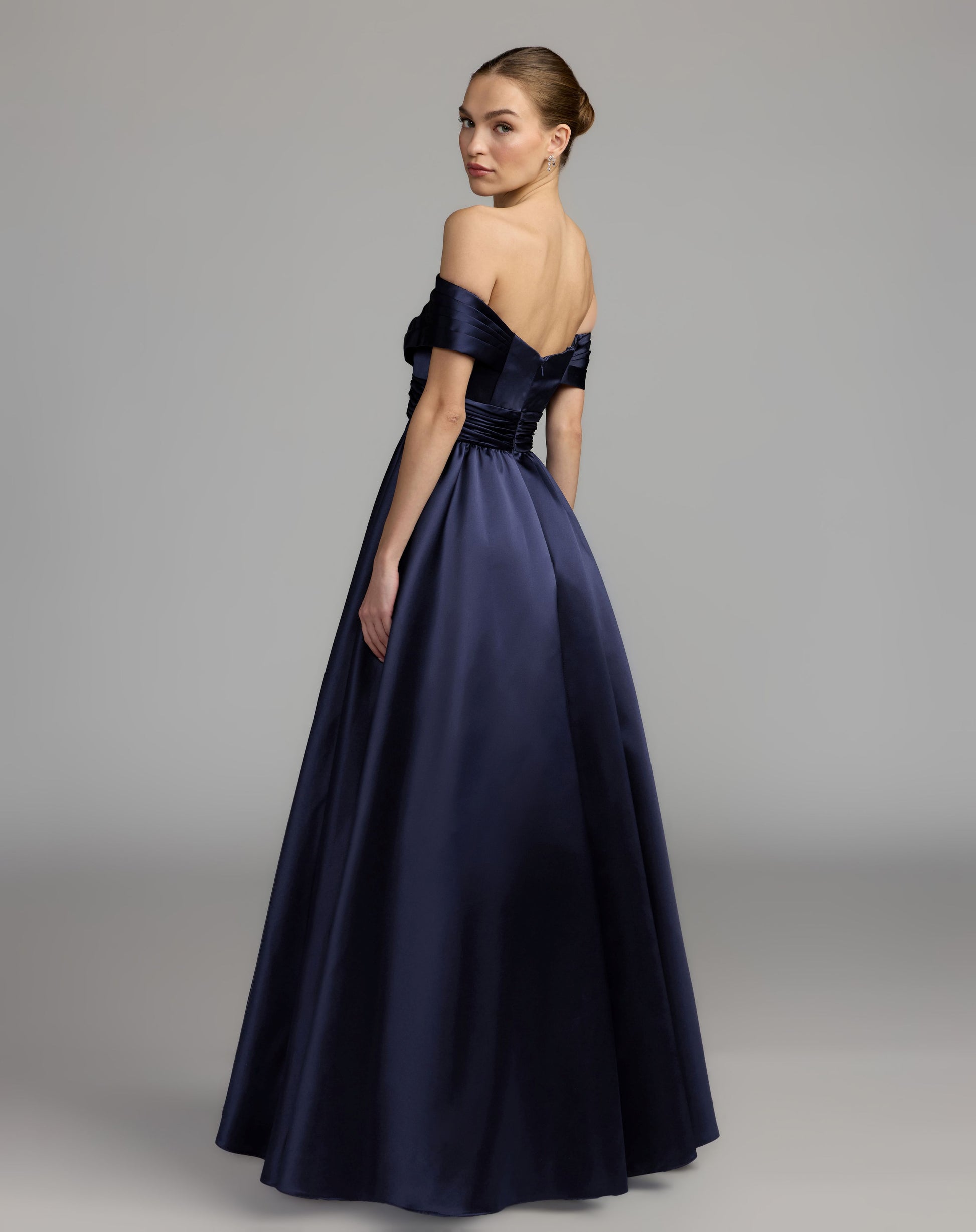 Navy Satin Off The Shoulder Twist Evening Ball Gown - Ieena for Mac Duggal
