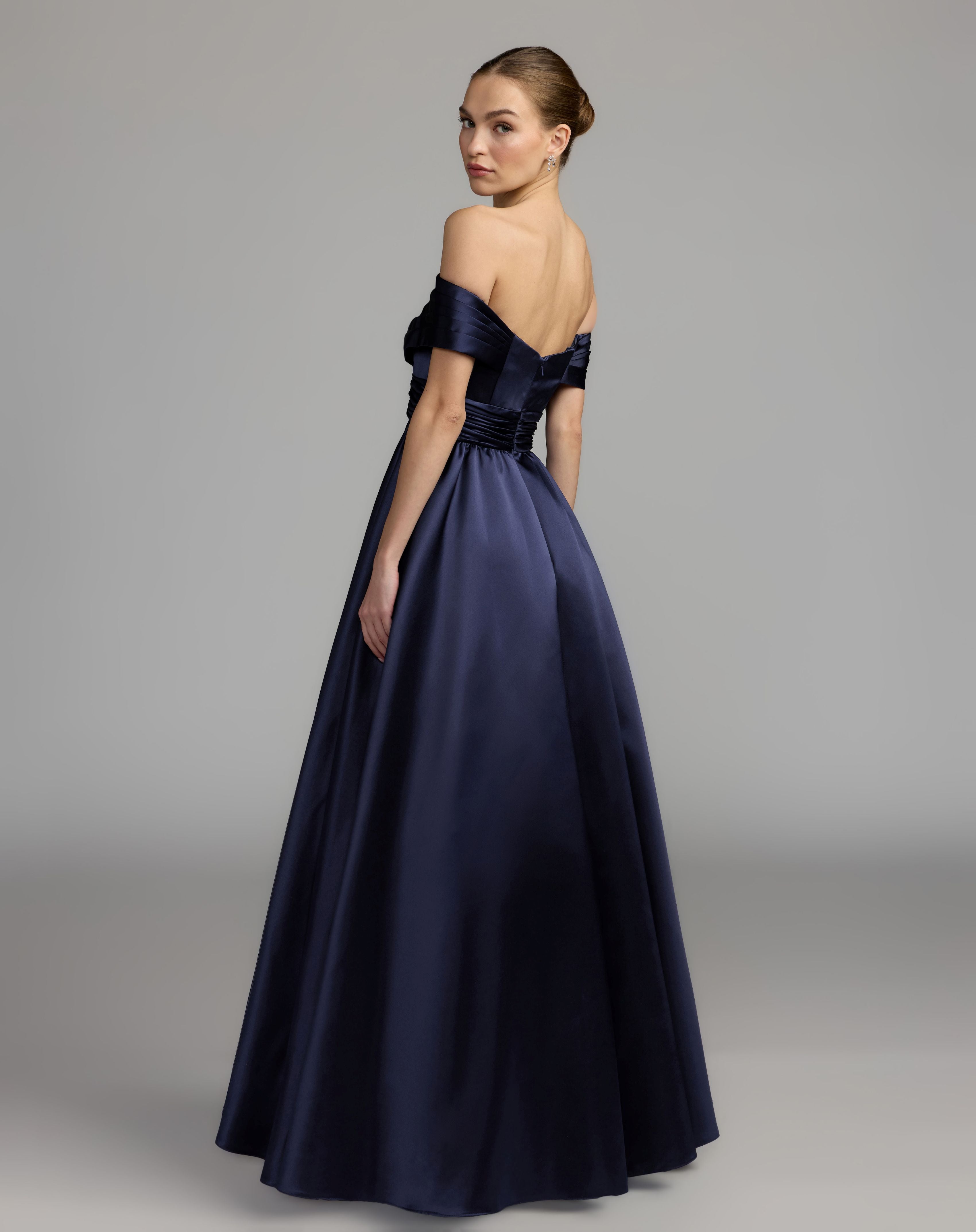 Navy Satin Off The Shoulder Twist Evening Ball Gown - Ieena for Mac Duggal