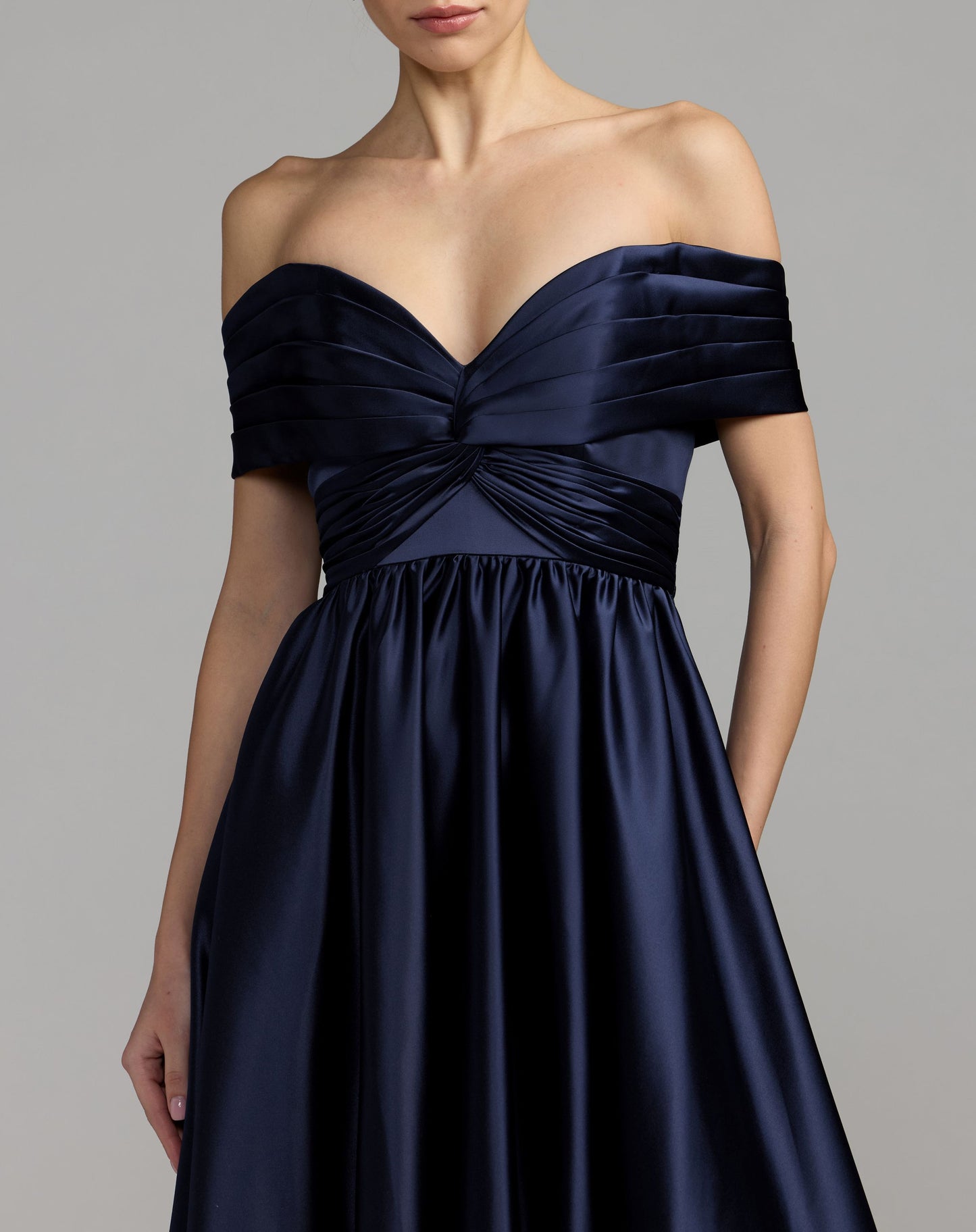 Navy Satin Off The Shoulder Twist Evening Ball Gown - Ieena for Mac Duggal