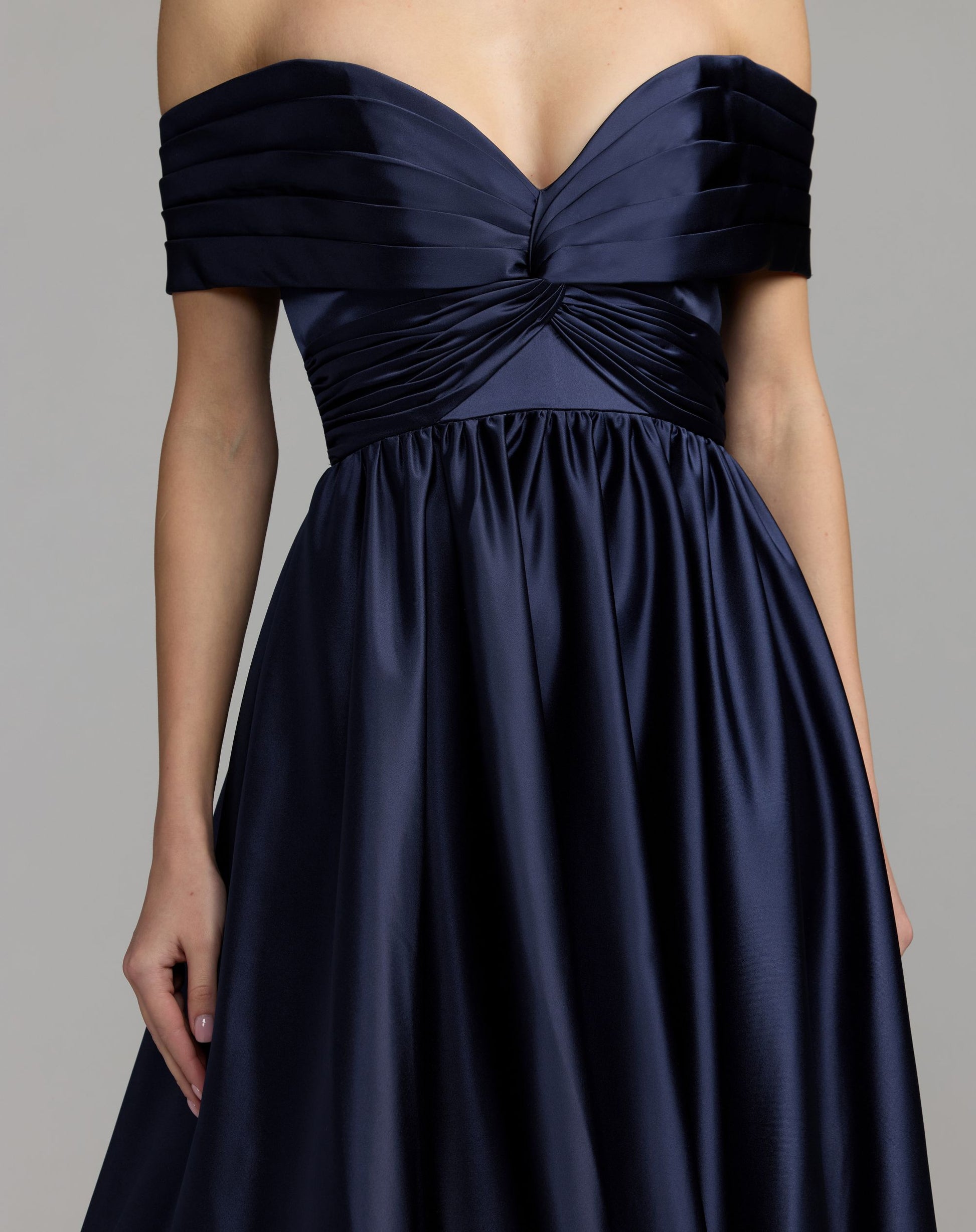 Navy Satin Off The Shoulder Twist Evening Ball Gown - Ieena for Mac Duggal
