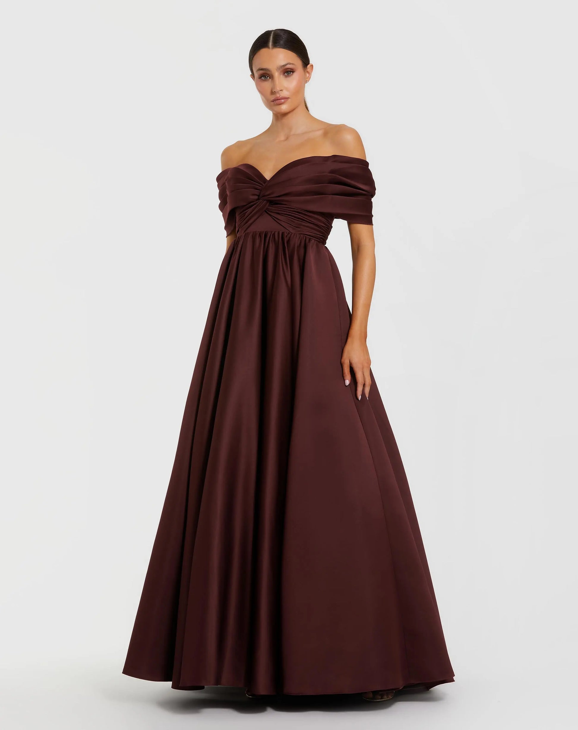 Burgundy Satin Off The Shoulder Twist Evening Ball Gown | Mac Duggal Burgundy Satin Off The Shoulder Twist Evening Ball Gown | Mac Duggal