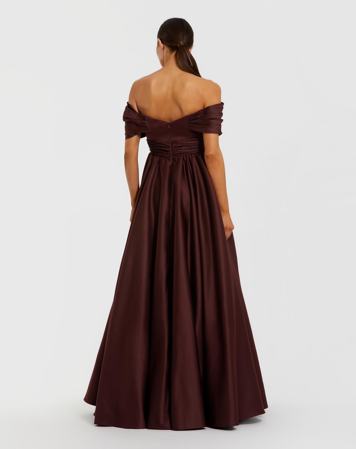 Burgundy Satin Off The Shoulder Twist Evening Ballgown - Ieena for Mac Duggal