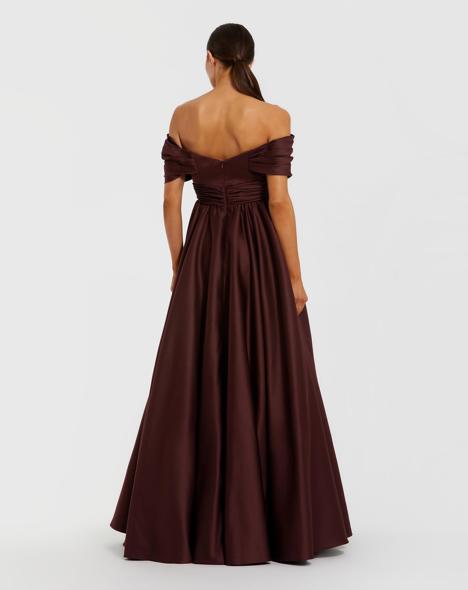 Burgundy Satin Off The Shoulder Twist Evening Ballgown - Ieena for Mac Duggal
