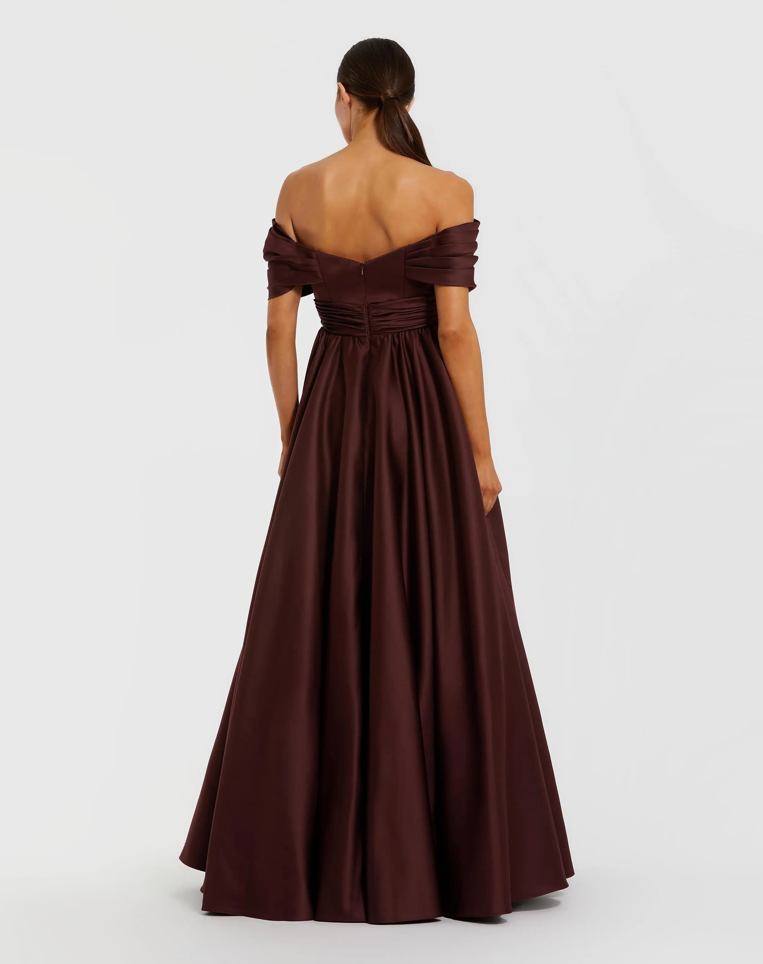 Burgundy Satin Off The Shoulder Twist Evening Ballgown - Ieena for Mac Duggal